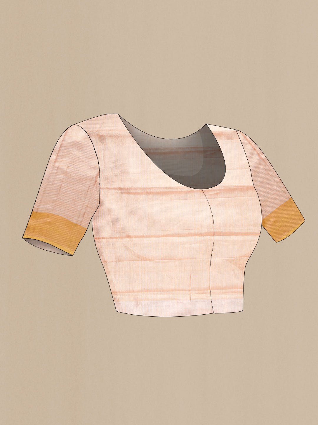 Close up image of the blouse of Rose Gold Dual Tone Kanjivaram Tissue Silk Saree with Plain Body and Temple Border. 
