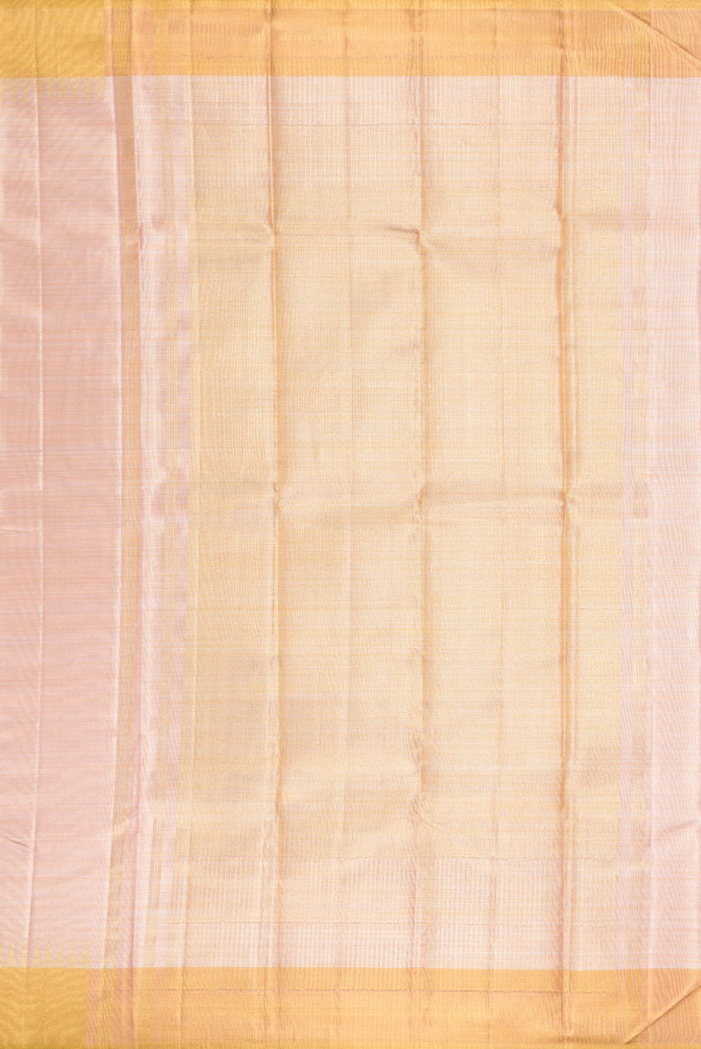 Close up image of the pallu of Rose Gold Dual Tone Kanjivaram Tissue Silk Saree with Plain Body and Temple Border. 