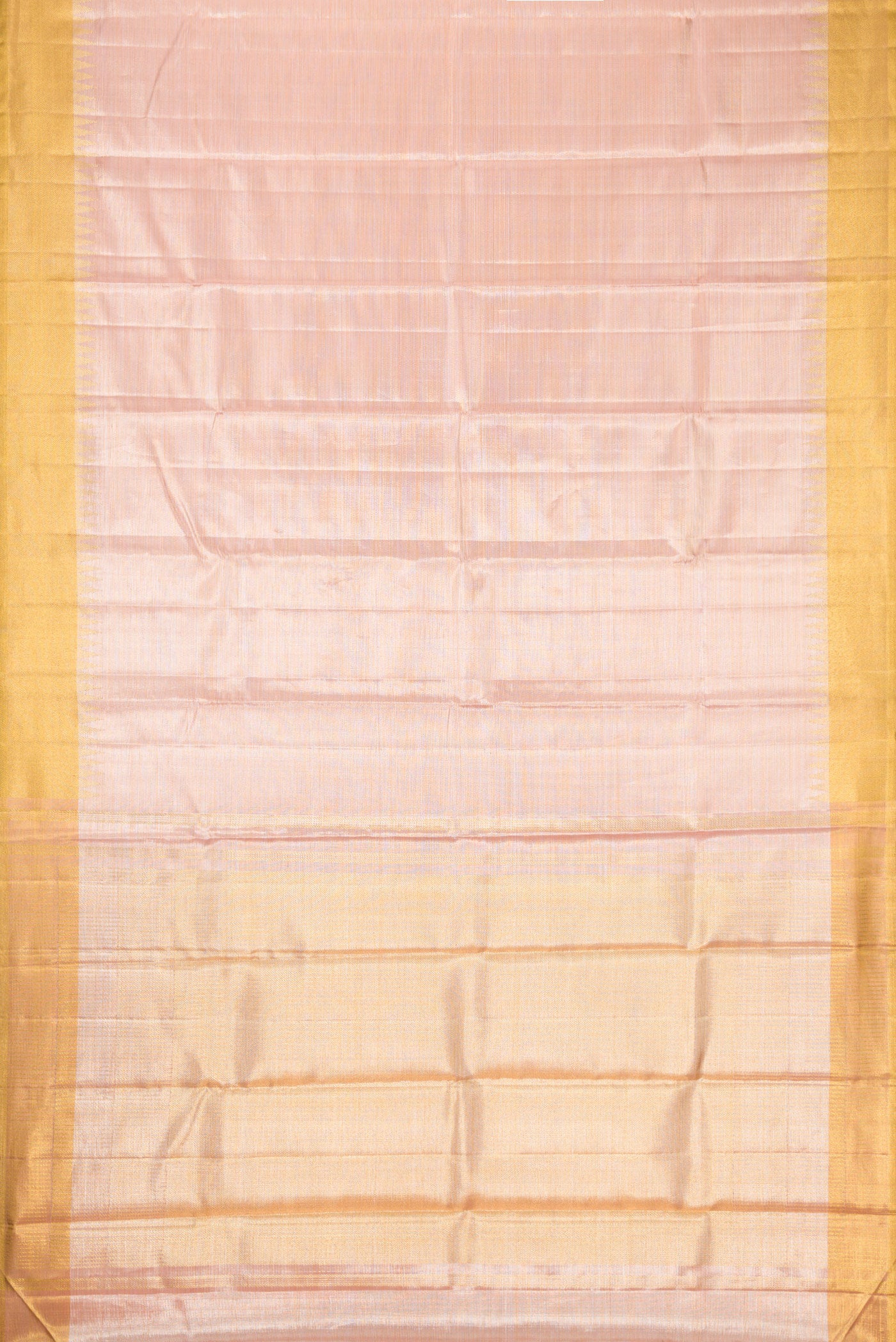 Flat view of Rose Gold Dual Tone Kanjivaram Tissue Silk Saree with Plain Body and Temple Border. 