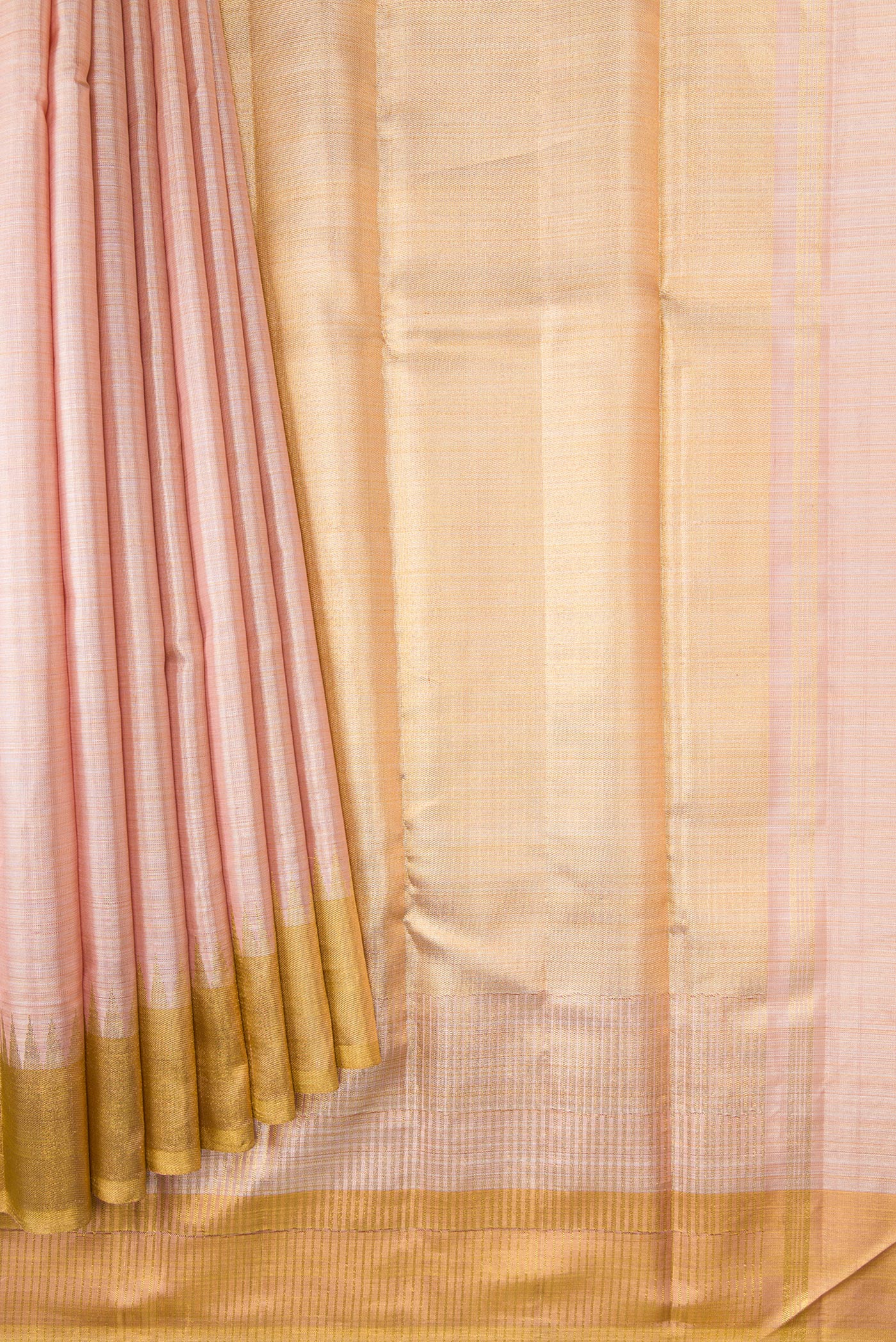 Pleats and pallu of Rose Gold Dual Tone Kanjivaram Tissue Silk Saree with Plain Body and Temple Border. 