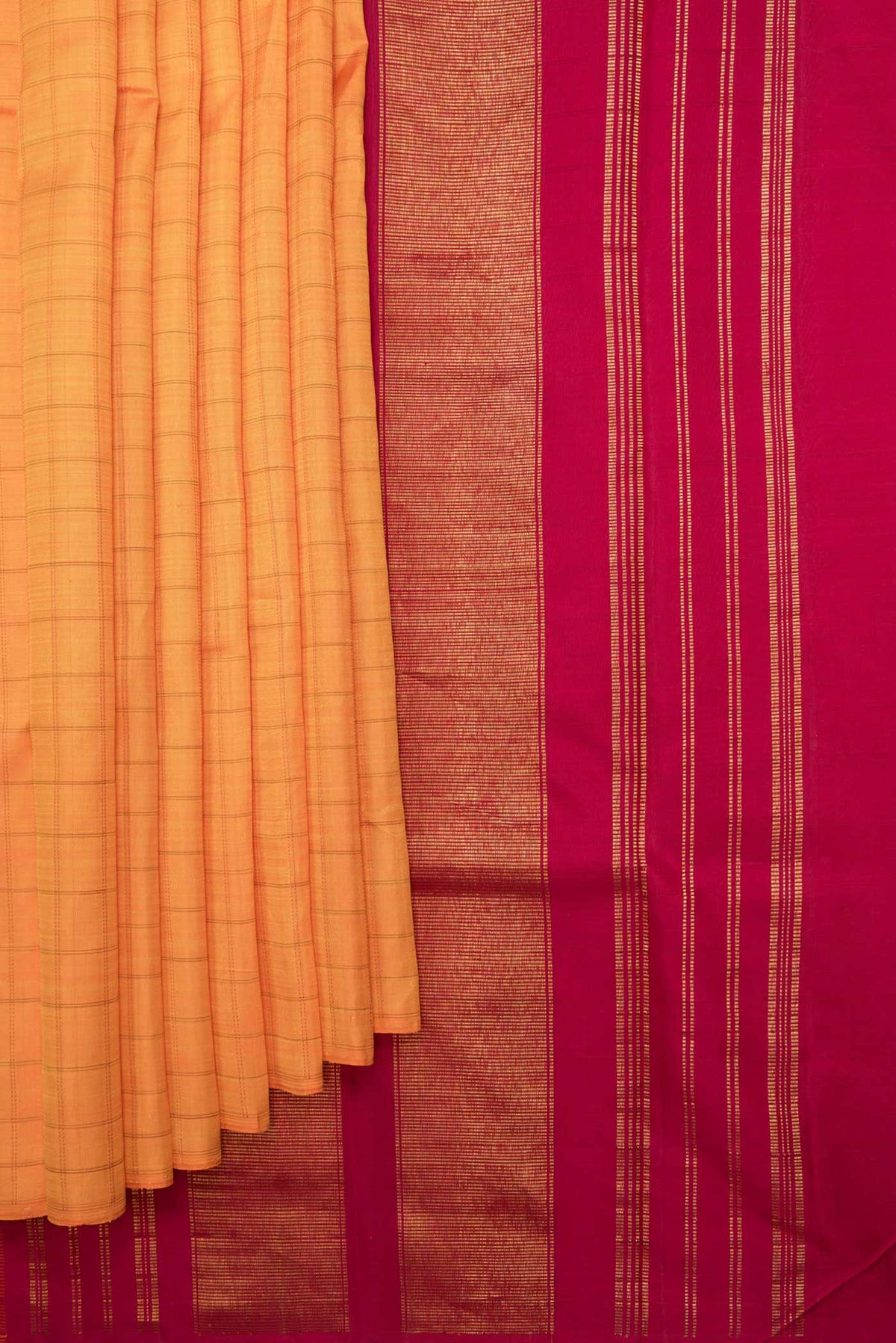Pleats and pallu of Orange Dual Tone Kanchipuram Saree with Checked design on the body and Without Border