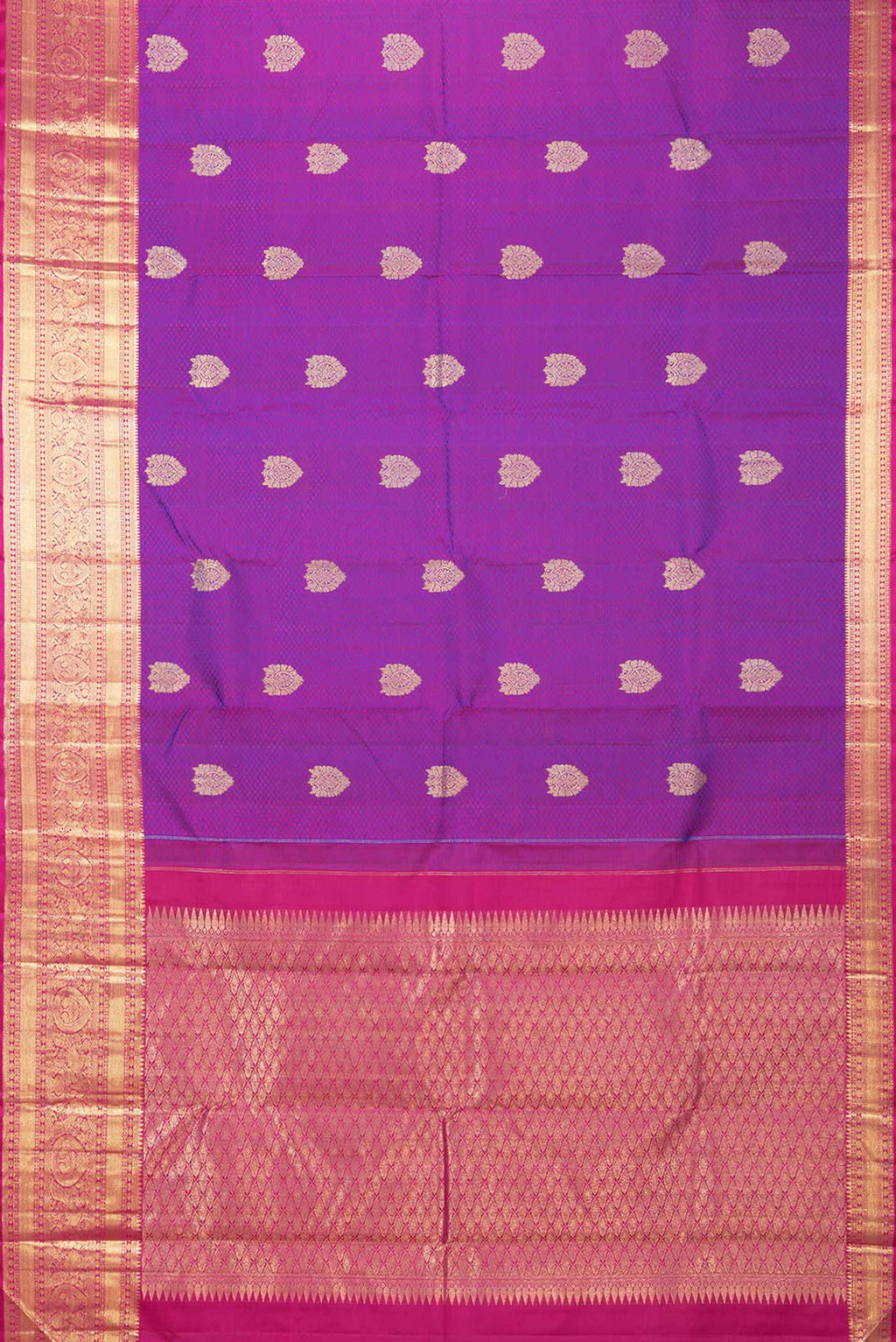 Flat view of Purple Dual Tone Kanchipuram Saree with Jacquard With Zari Butta on the body and Zari Border