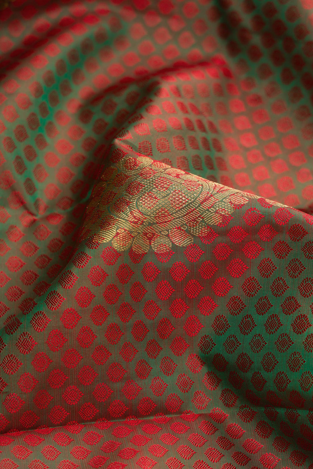 Close up of Mehandi Green Dual Tone Kanchipuram Silk Saree with Jacquard With Zari Butta on the body and Zari Border.  displaying folds