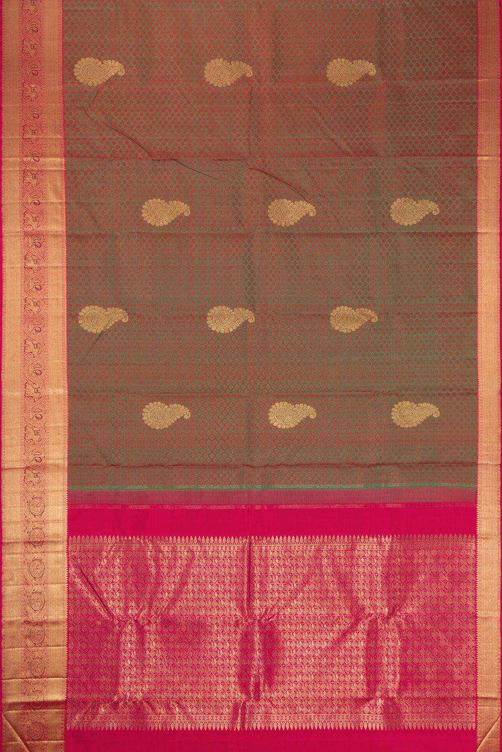Flat view of Mehandi Green Dual Tone Kanchipuram Silk Saree with Jacquard With Zari Butta on the body and Zari Border. 