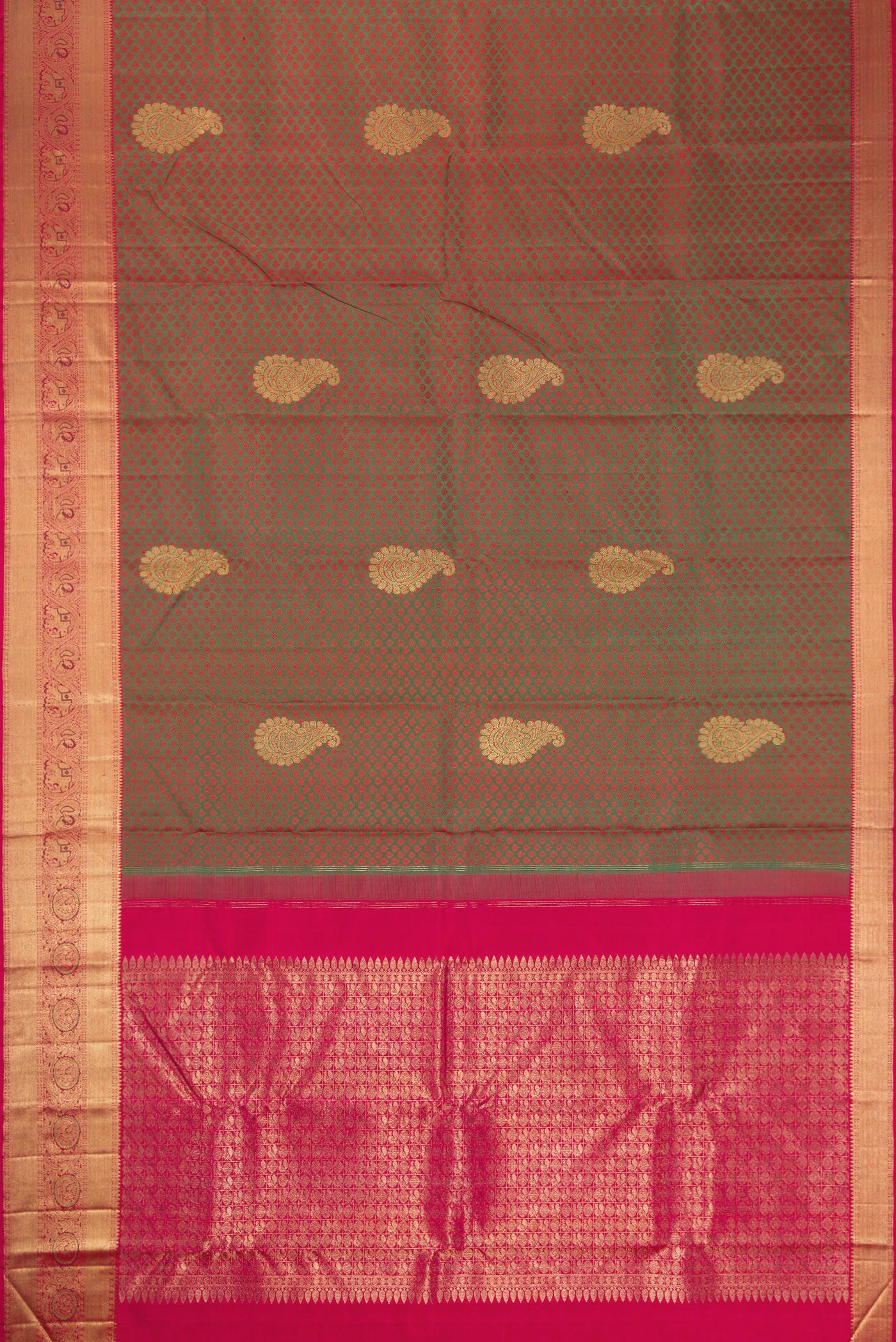 Flat view of Mehandi Green Dual Tone Kanchipuram Silk Saree with Jacquard With Zari Butta on the body and Zari Border. 
