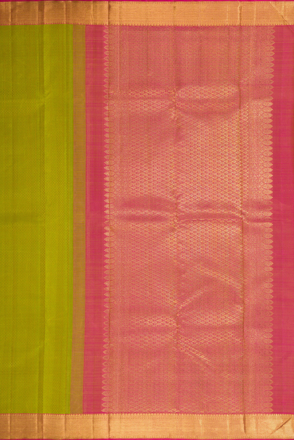 Close up image of the pallu of Pista Green Dual Tone Kanjivaram Silk Saree with Jacquard design on the body and Zari Border. 