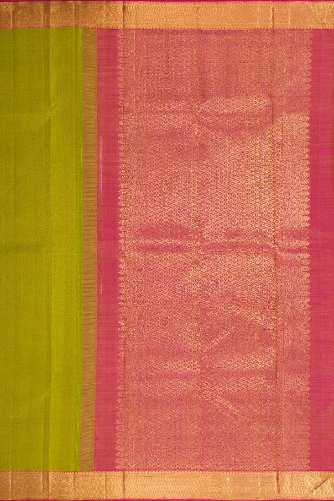 Close up image of the pallu of Pista Green Dual Tone Kanjivaram Silk Saree with Jacquard design on the body and Zari Border. 