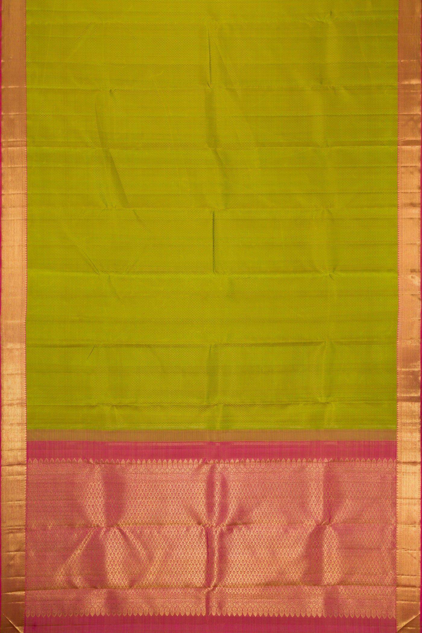 Flat view of Pista Green Dual Tone Kanjivaram Silk Saree with Jacquard design on the body and Zari Border. 
