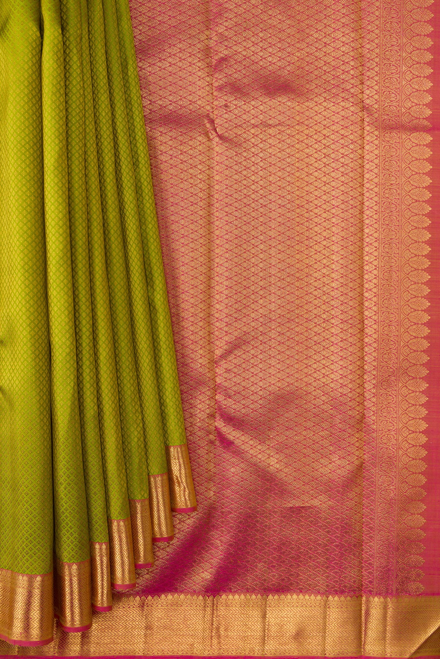 Pleats and pallu of Pista Green Dual Tone Kanjivaram Silk Saree with Jacquard design on the body and Zari Border. 