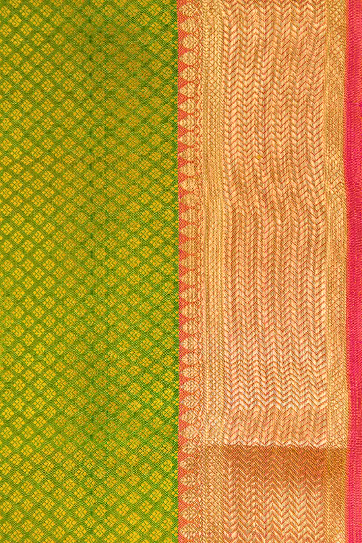 Border image of Pure Silk Pure Zari Parrot Green Dual Tone Kanjivaram Saree with Jacquard design on the body and Zari Border. 