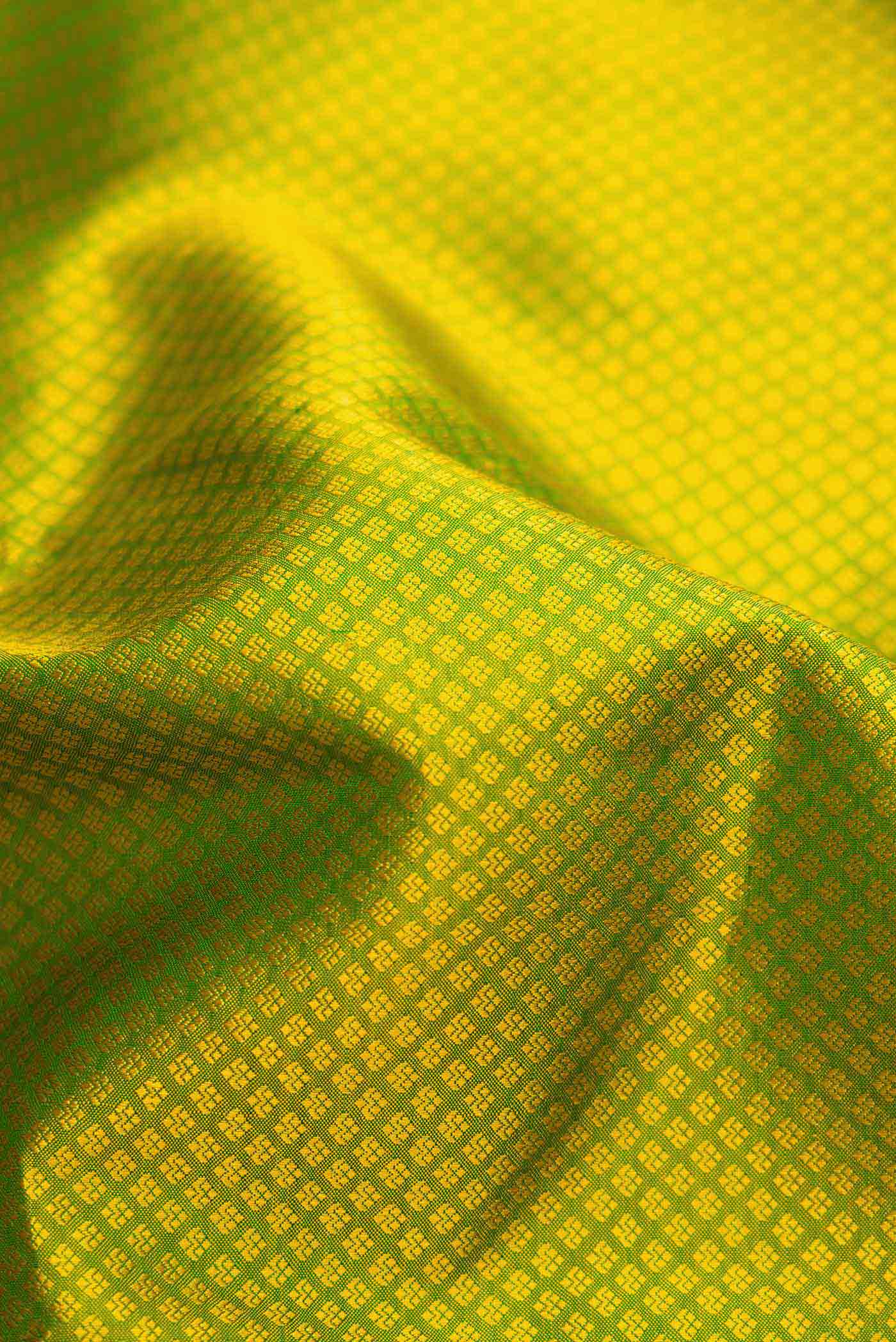 Close up of Pure Silk Pure Zari Parrot Green Dual Tone Kanjivaram Saree with Jacquard design on the body and Zari Border.  displaying folds