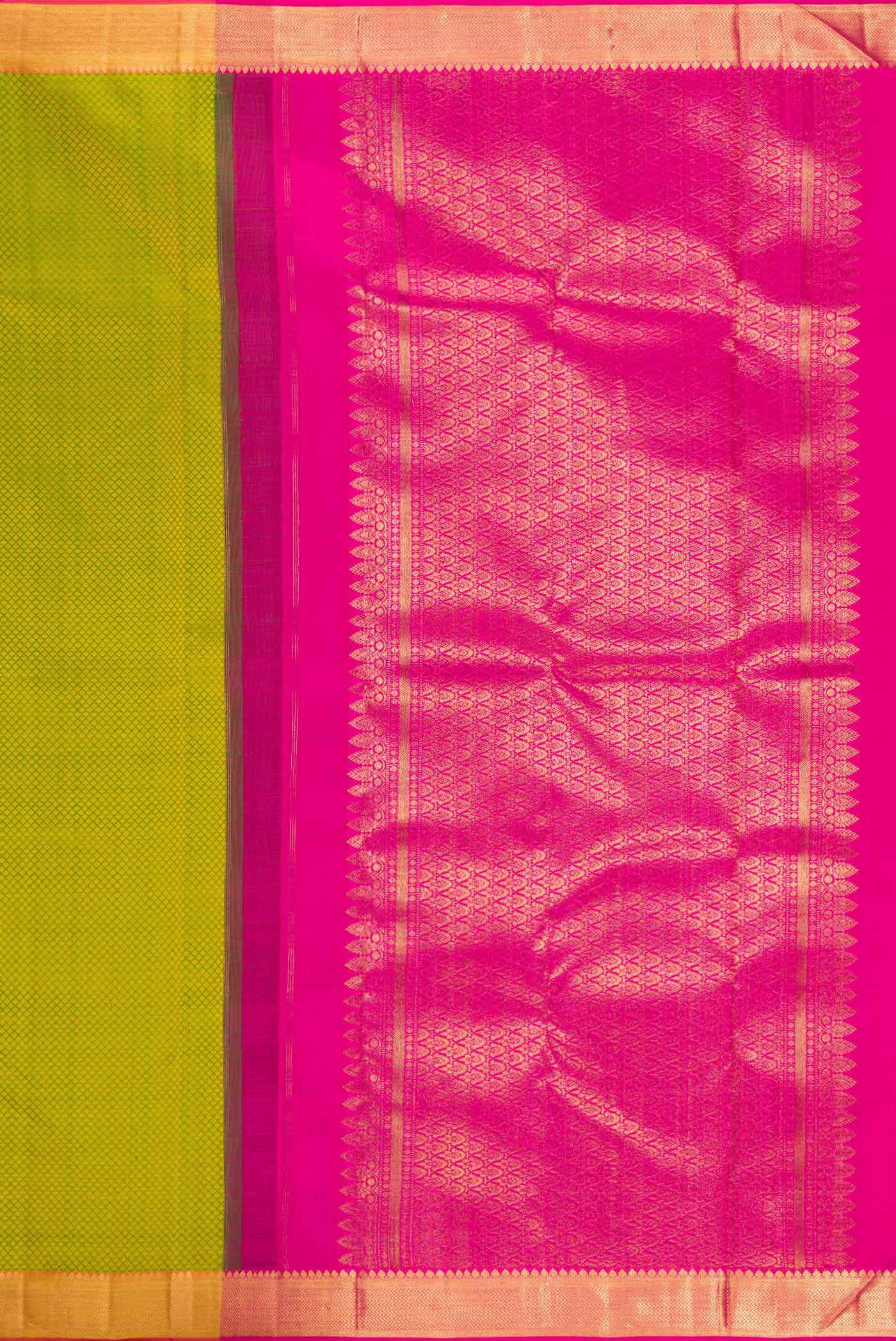 Close up image of the pallu of Pure Silk Pure Zari Parrot Green Dual Tone Kanjivaram Saree with Jacquard design on the body and Zari Border. 