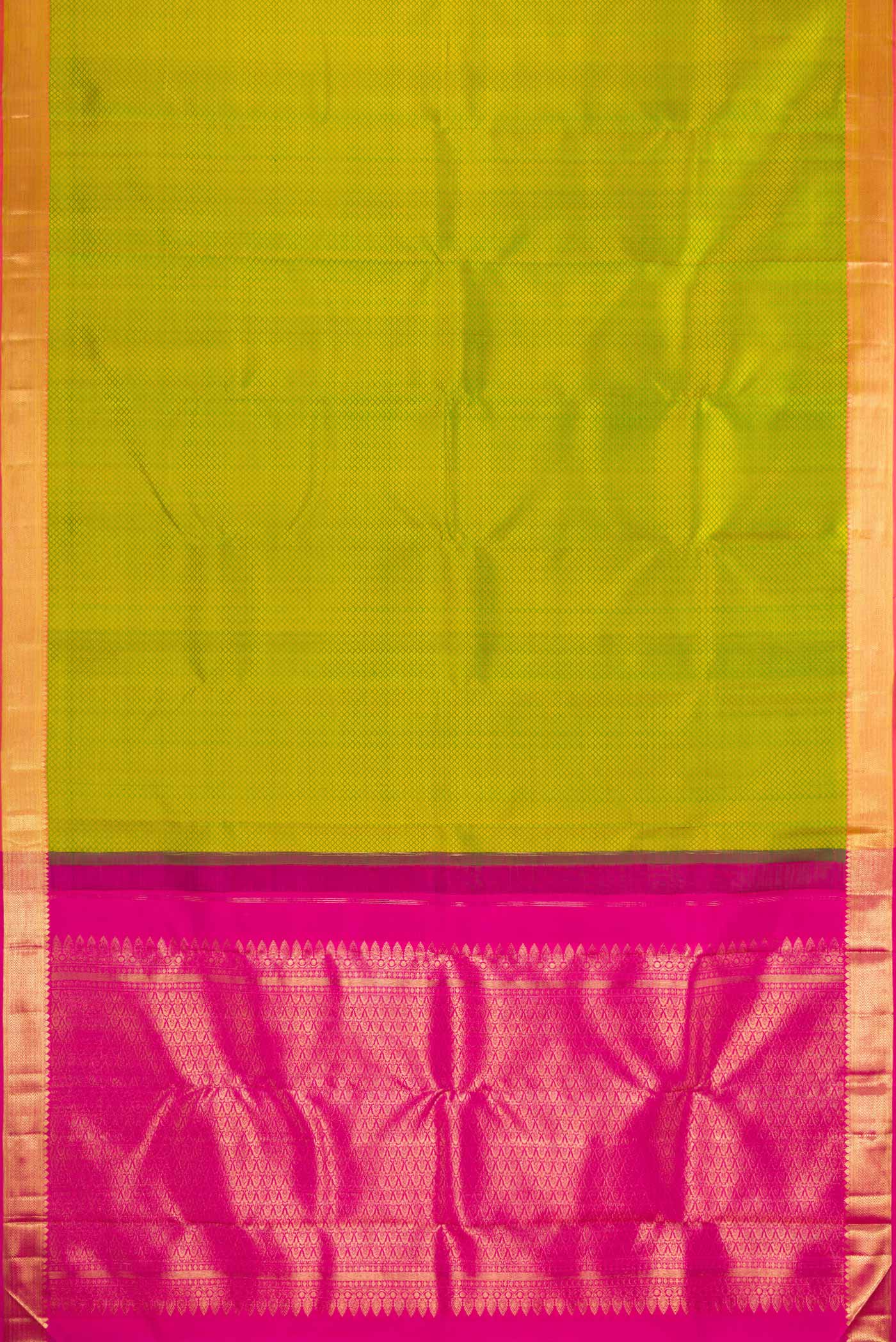 Flat view of Pure Silk Pure Zari Parrot Green Dual Tone Kanjivaram Saree with Jacquard design on the body and Zari Border. 