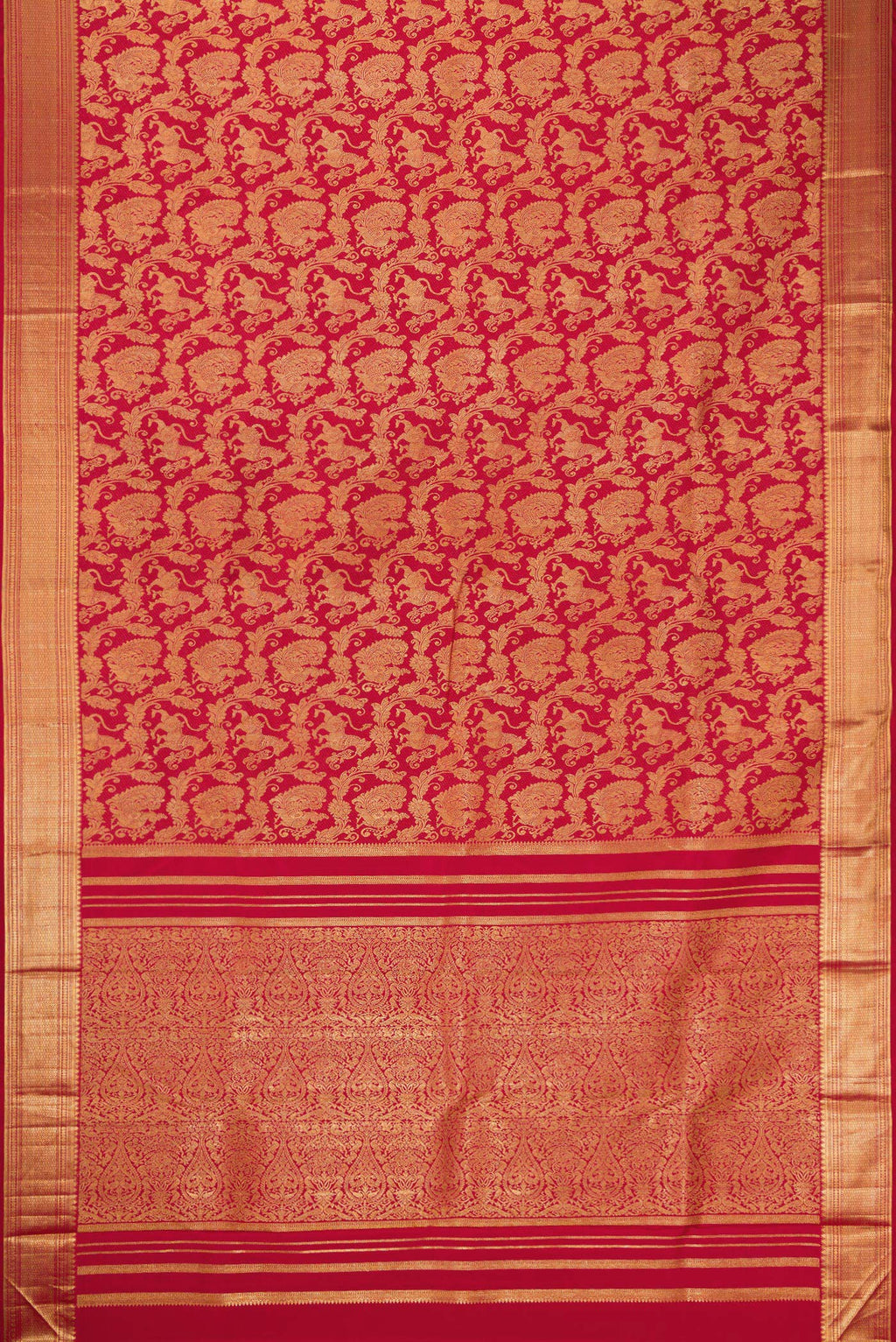 Flat view of Maroon Dual Tone Kanchipuram Silk Saree with Zari Brocade on the body and Zari Border. 
