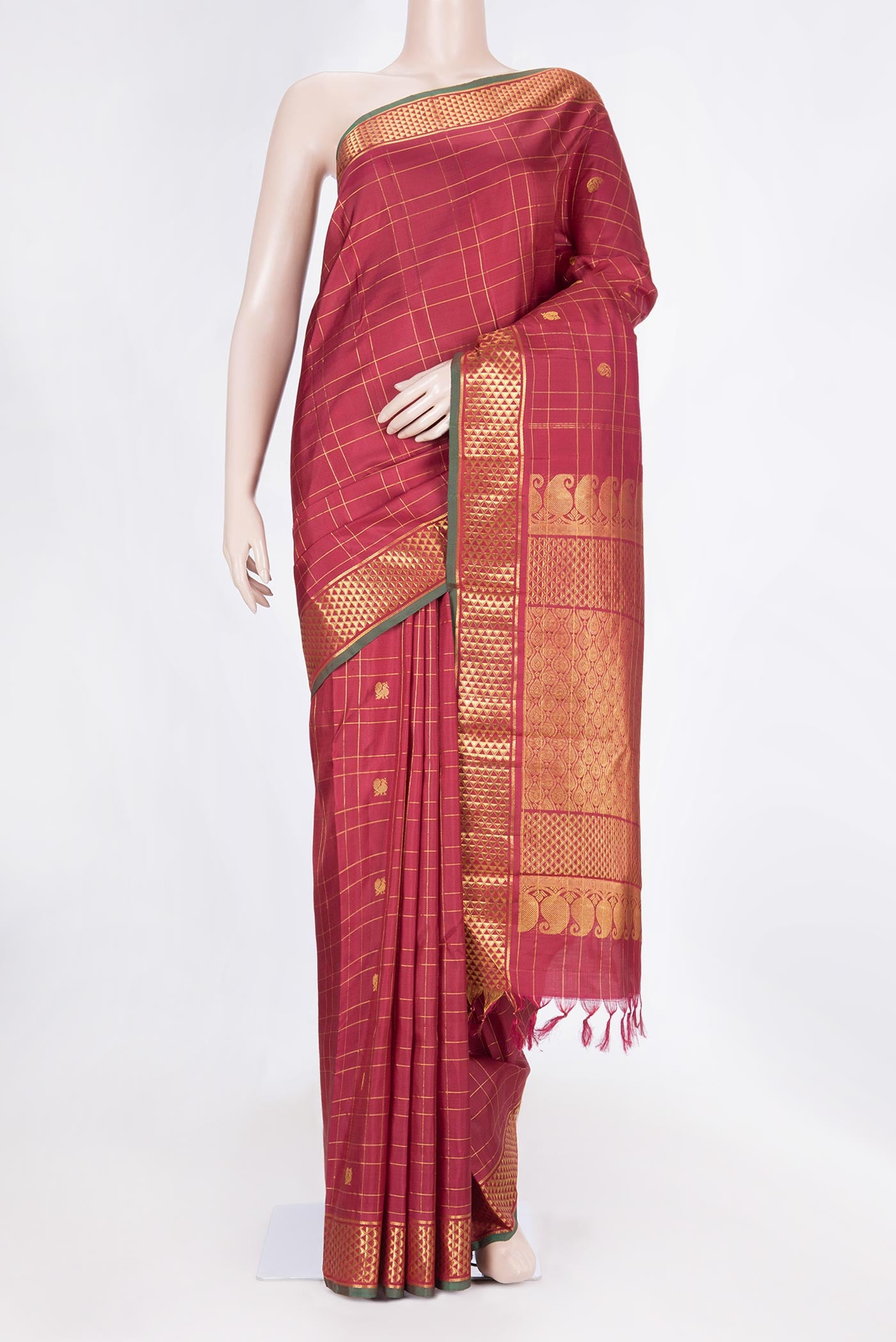 Maroon Dual Tone Kanchipuram Silk Saree with Zari Butta on the body and Zari Border displayed on a mannequin