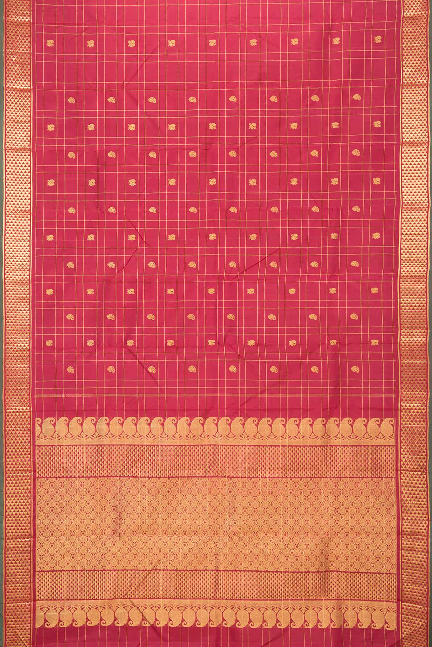 Flat view of Maroon Dual Tone Kanchipuram Silk Saree with Zari Butta on the body and Zari Border