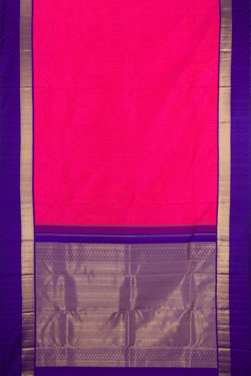 Flat view of Pure Silk Pure Zari Dark Pink Dual Tone Kanchipuram Saree with Zari Butta on the body and Zari Border. 