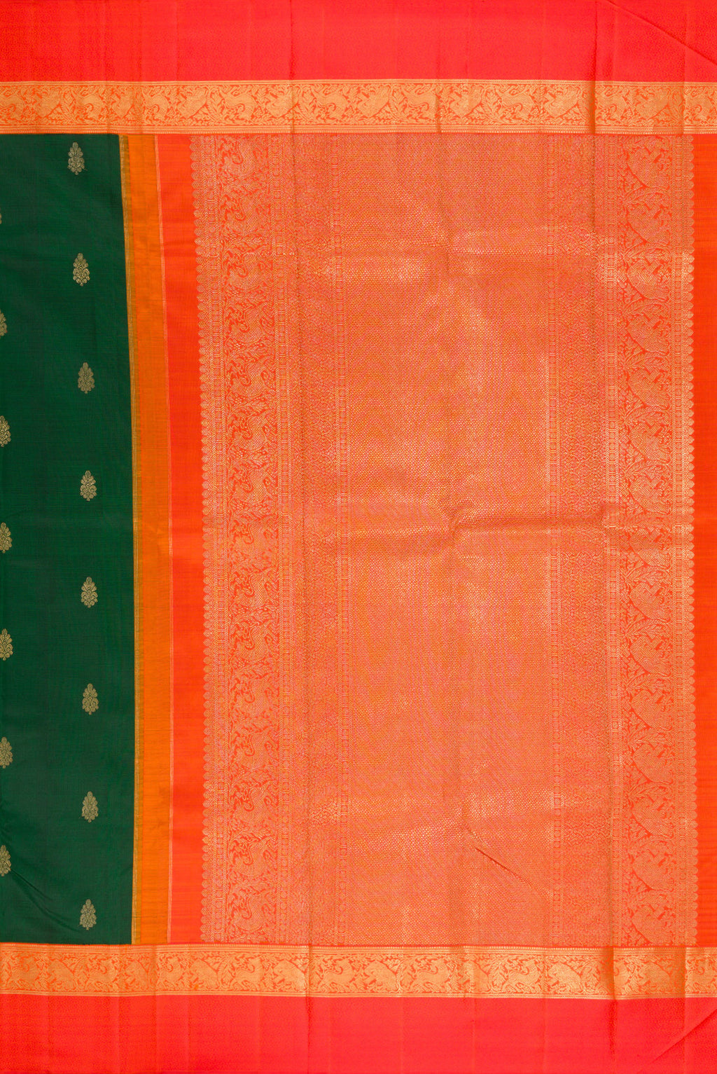 Close up image of the pallu of Pure Silk Pure Zari Bottle Green Dual Tone Kanchipuram Saree with Zari Butta on the body and Zari And Thread Border. 