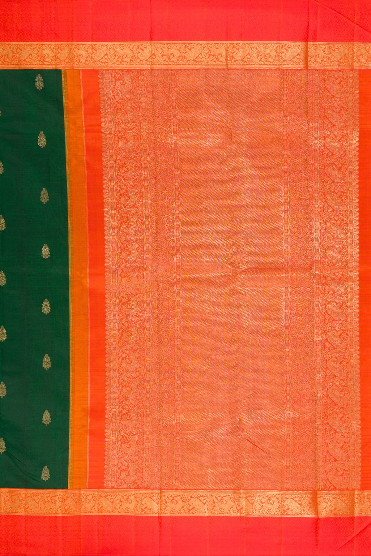 Close up image of the pallu of Pure Silk Pure Zari Bottle Green Dual Tone Kanchipuram Saree with Zari Butta on the body and Zari And Thread Border. 
