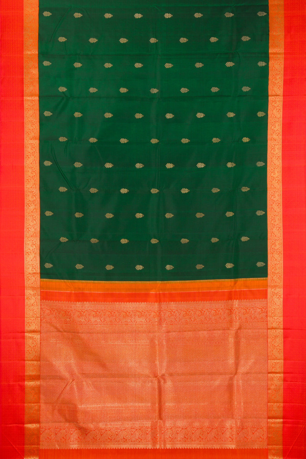 Flat view of Pure Silk Pure Zari Bottle Green Dual Tone Kanchipuram Saree with Zari Butta on the body and Zari And Thread Border. 