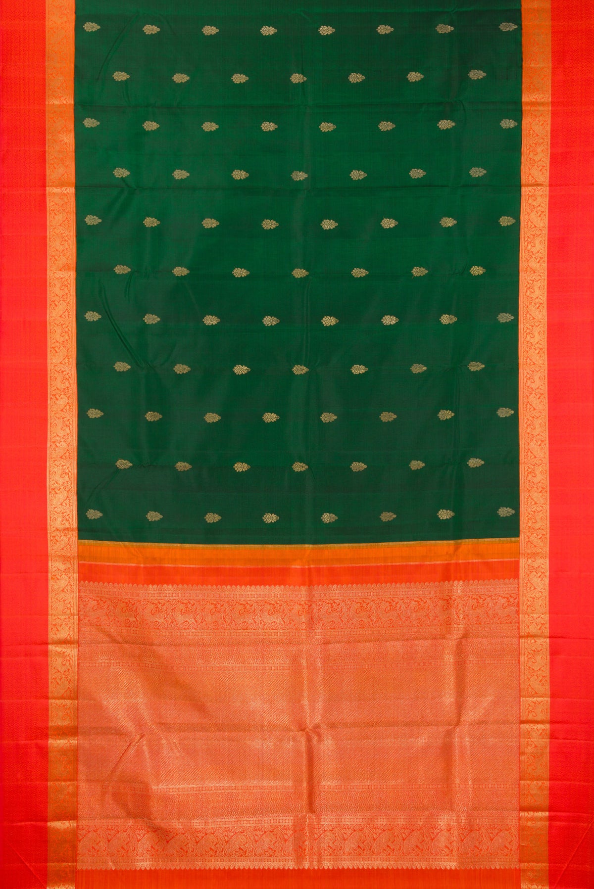 Flat view of Pure Silk Pure Zari Bottle Green Dual Tone Kanchipuram Saree with Zari Butta on the body and Zari And Thread Border. 