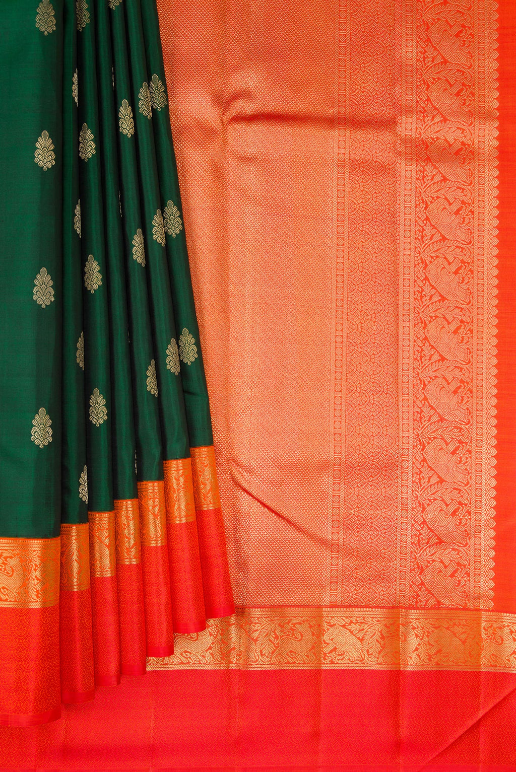 Pleats and pallu of Pure Silk Pure Zari Bottle Green Dual Tone Kanchipuram Saree with Zari Butta on the body and Zari And Thread Border. 