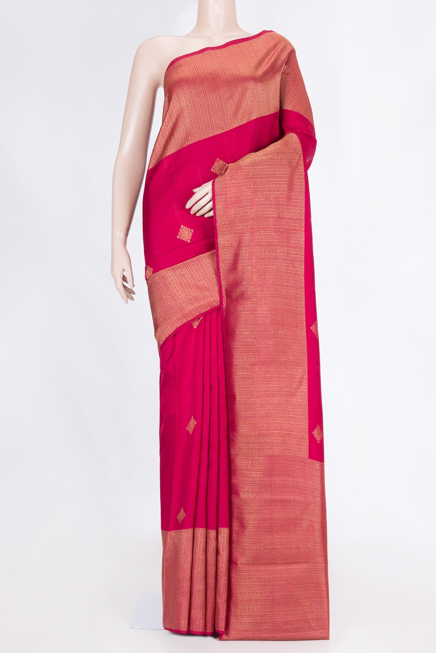 Pure Silk Pure Zari Pink Dual Tone Kanchipuram Saree with Jacquard With Zari Butta on the body and Zari Border displayed on a mannequin
