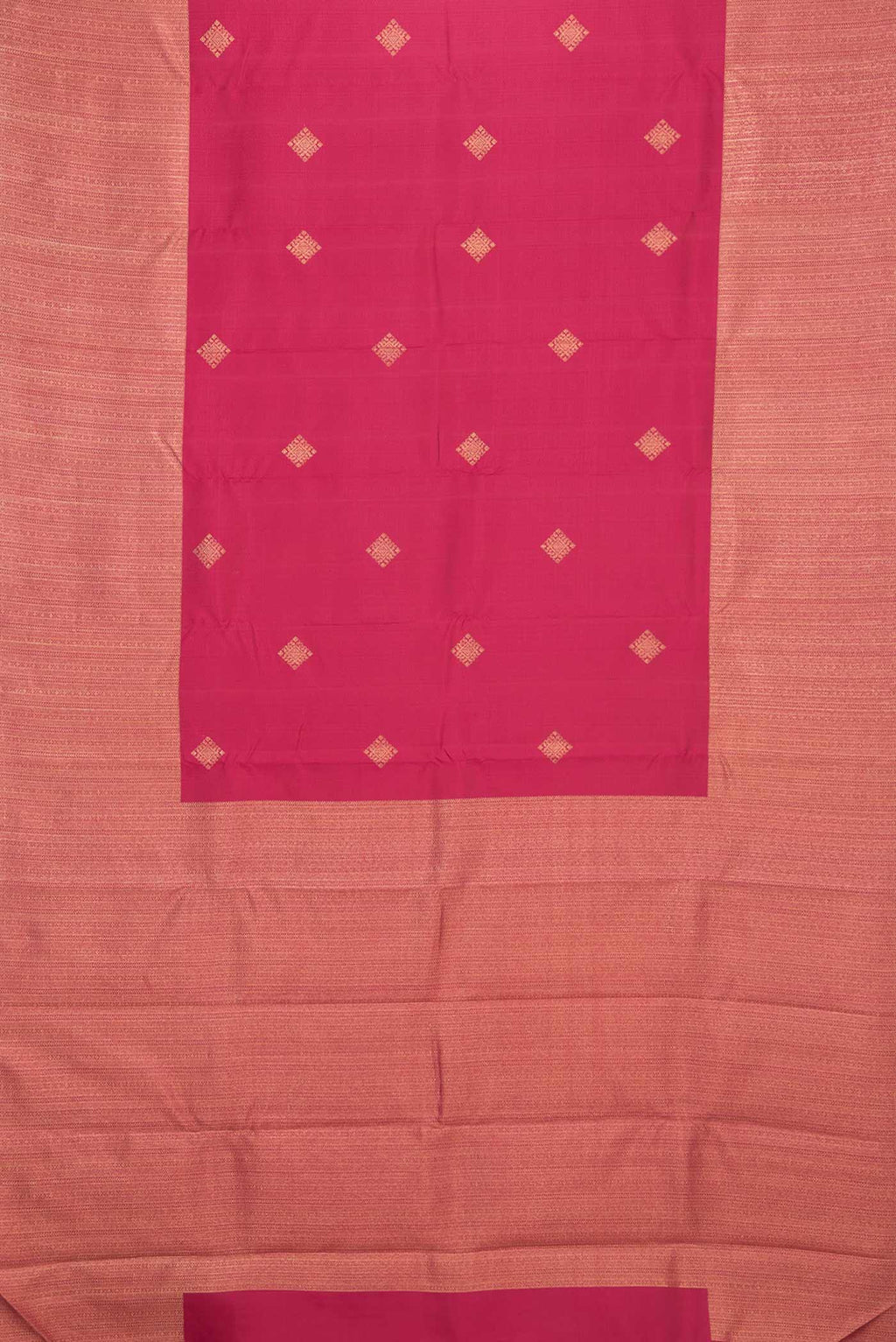 Flat view of Pure Silk Pure Zari Pink Dual Tone Kanchipuram Saree with Jacquard With Zari Butta on the body and Zari Border