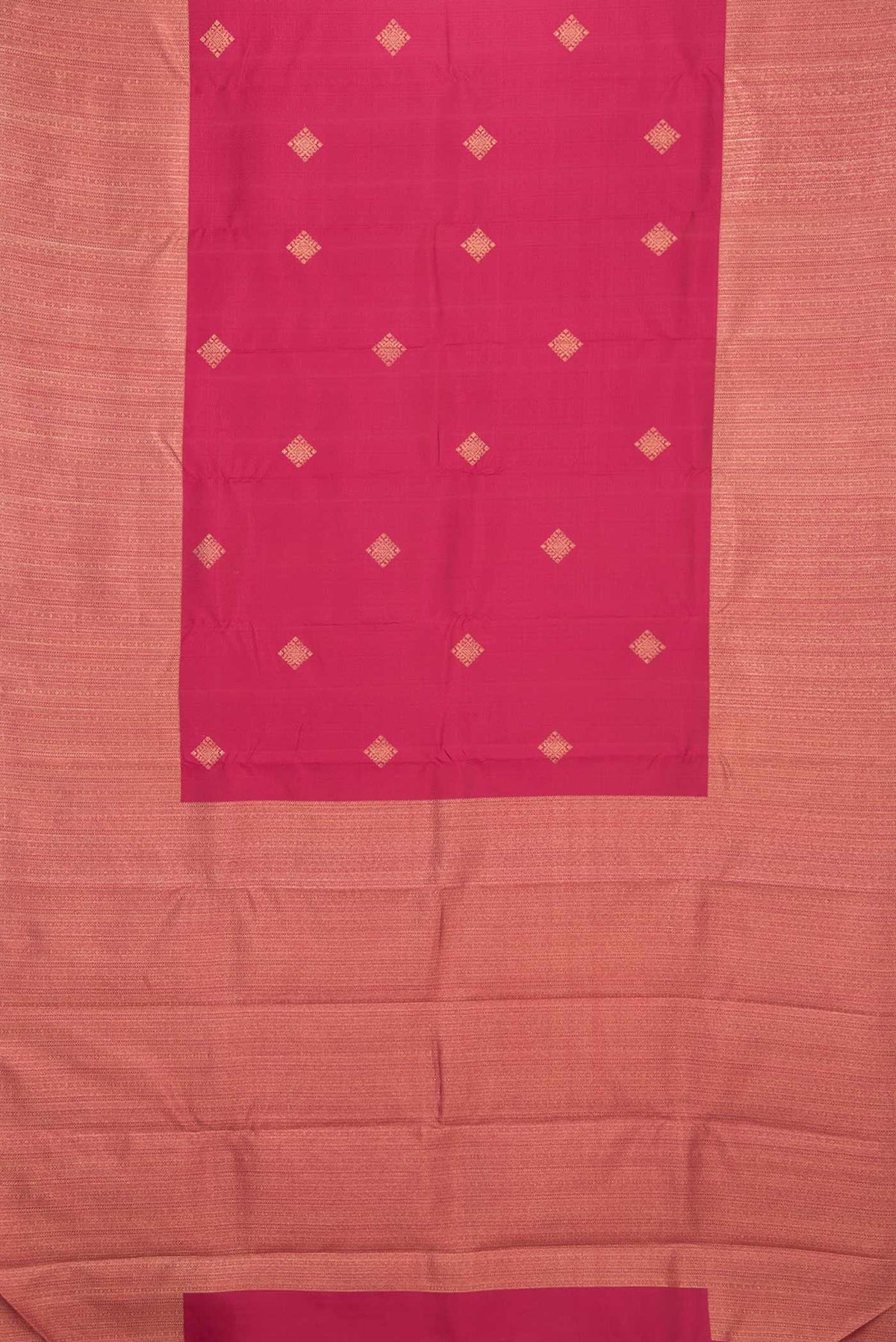 Flat view of Pure Silk Pure Zari Pink Dual Tone Kanchipuram Saree with Jacquard With Zari Butta on the body and Zari Border