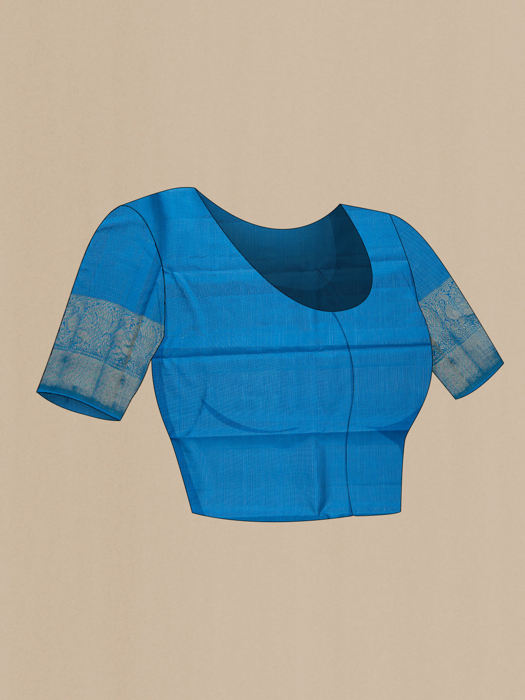 Close up image of the blouse of Pure Silk Pure Zari Peacock Blue Kanjivaram Saree with Zari Butta on the body and Zari Border. 