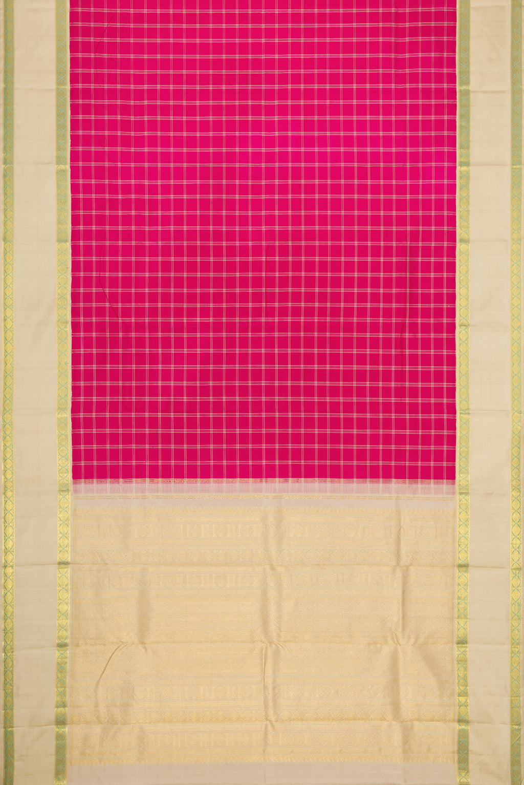 Flat view of Pink Dual Tone Kanjivaram Silk Saree with Checked design on the body and Zari Border. 