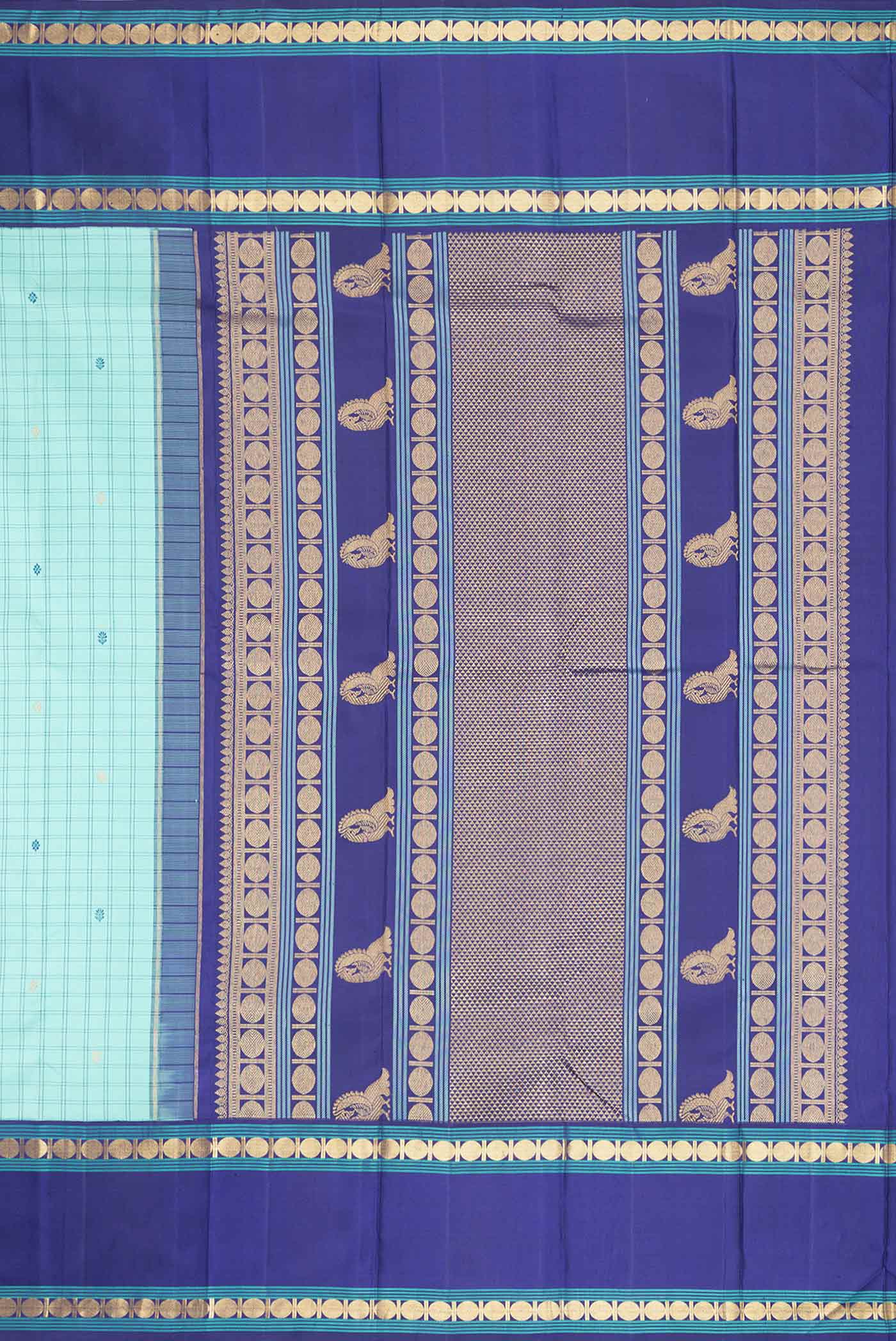Close up image of the pallu of Sea Green Dual Tone Kanchipuram Silk Saree with Checked design on the body and Zari And Thread Border