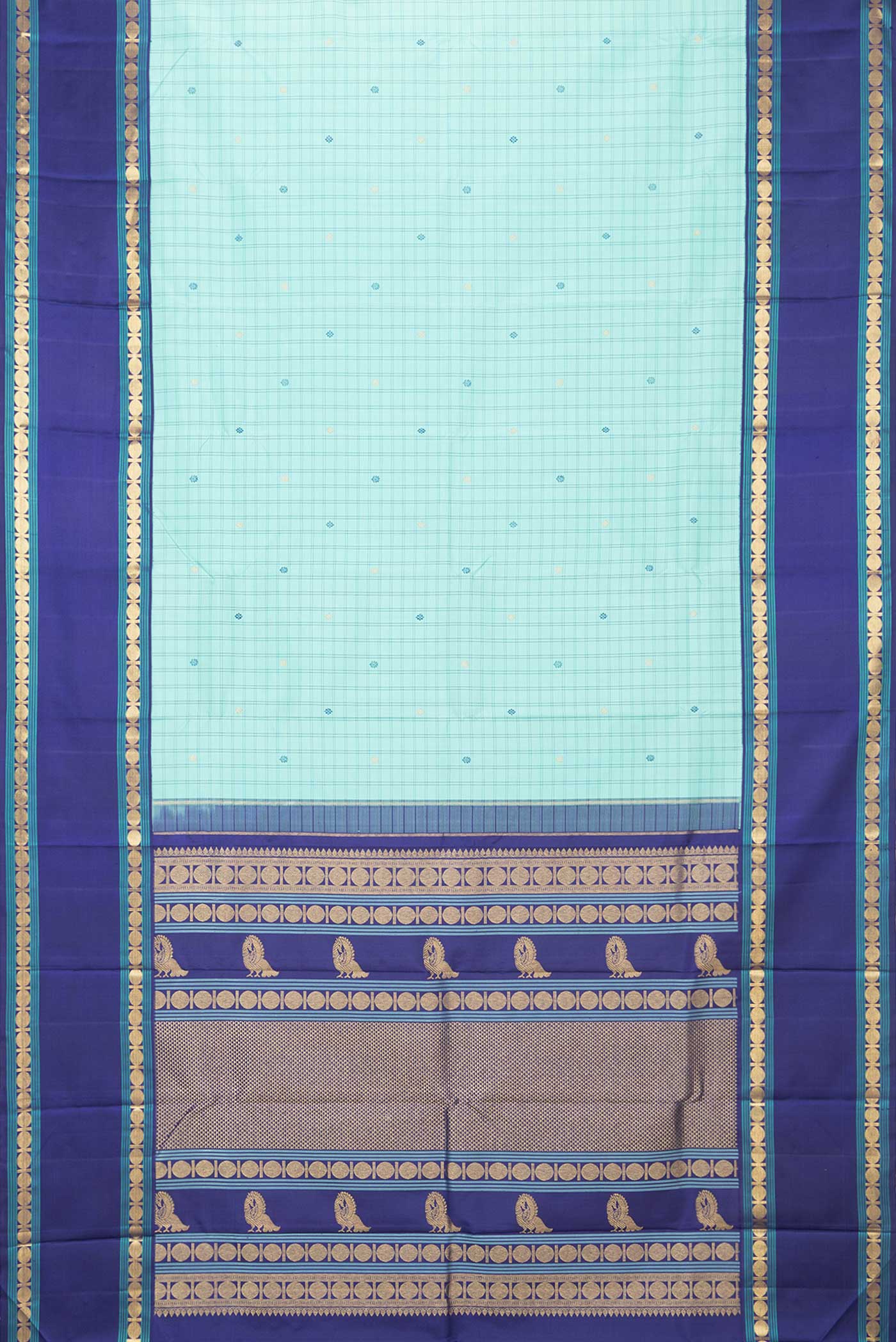 Flat view of Sea Green Dual Tone Kanchipuram Silk Saree with Checked design on the body and Zari And Thread Border