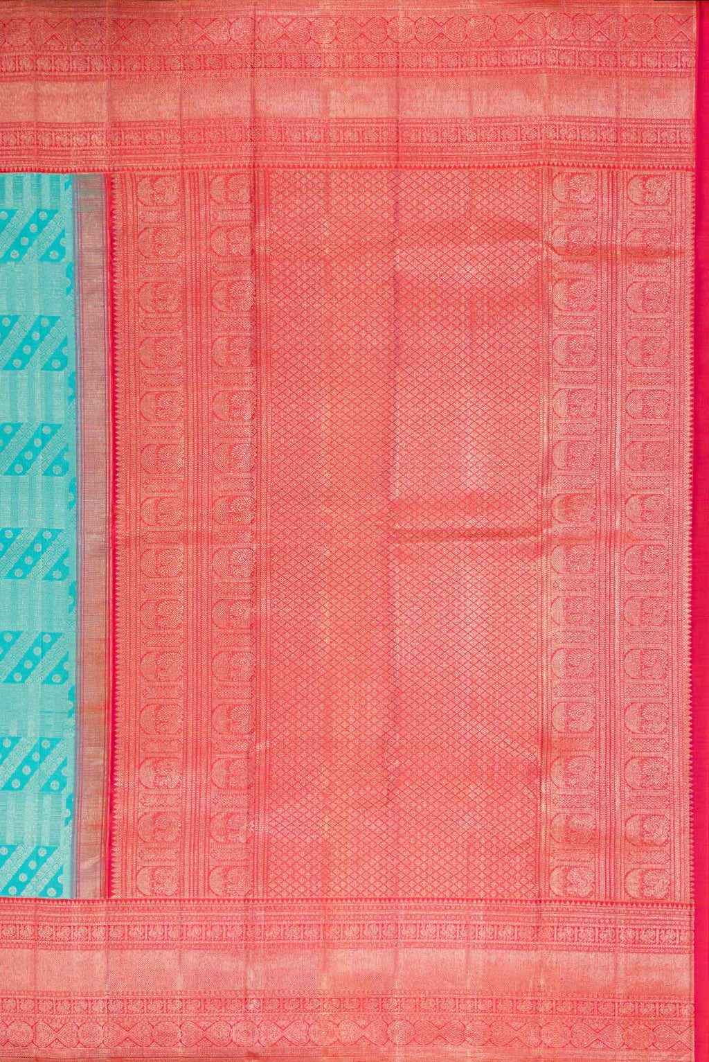 Close up image of the pallu of Sky Blue Dual Tone Kanchipuram Silk Saree with Zari Brocade on the body and Zari Border. 