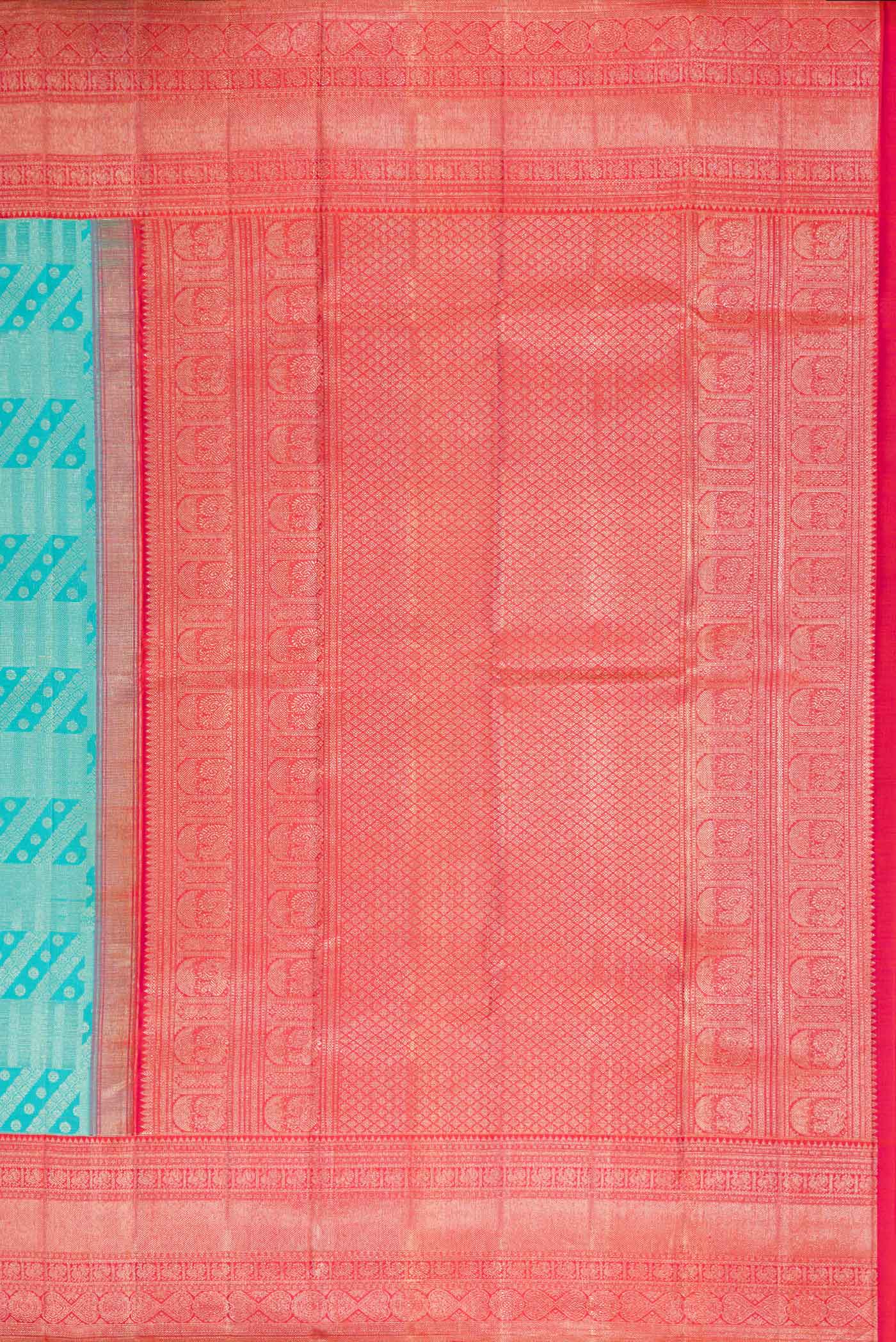 Close up image of the pallu of Sky Blue Dual Tone Kanchipuram Silk Saree with Zari Brocade on the body and Zari Border. 