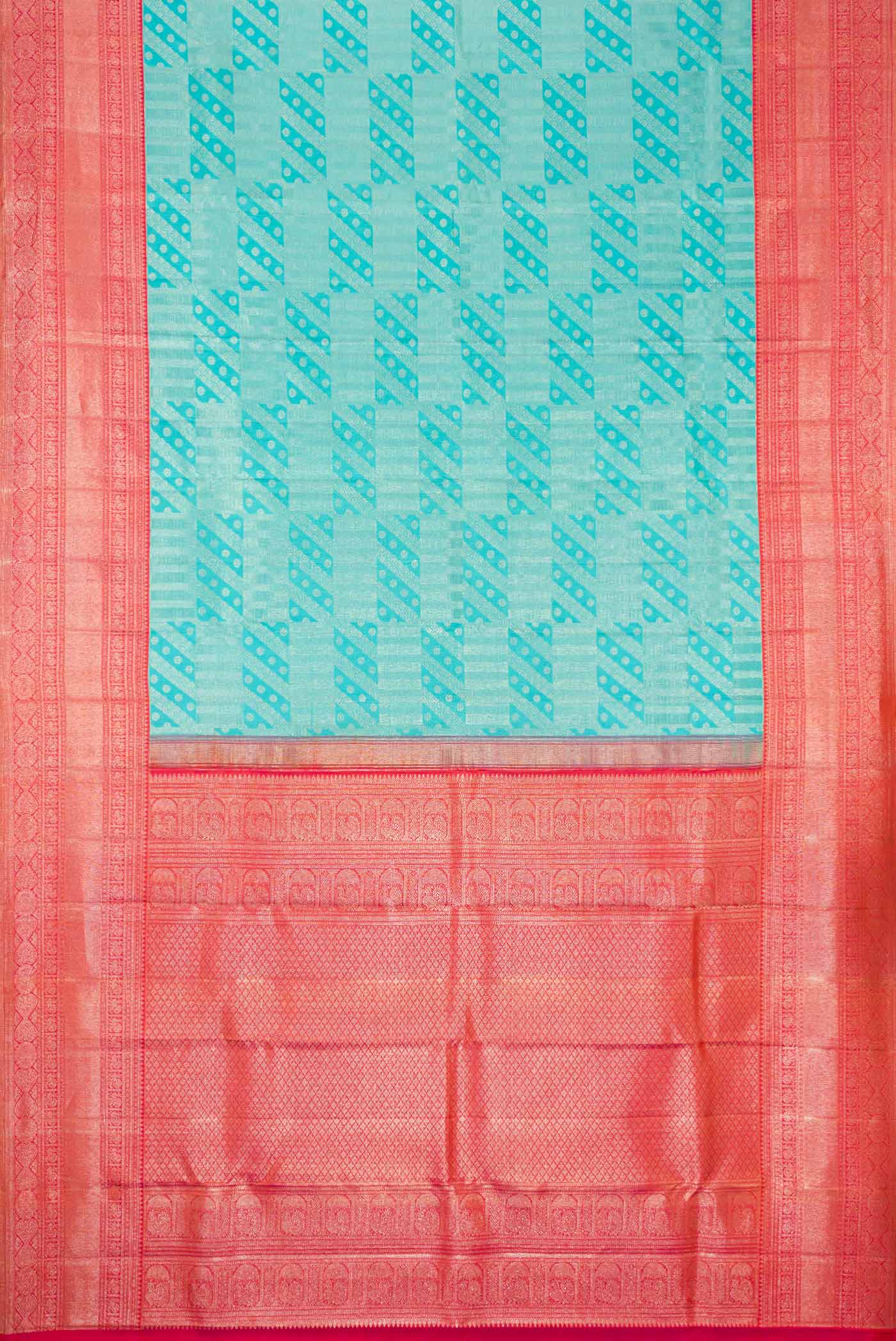 Flat view of Sky Blue Dual Tone Kanchipuram Silk Saree with Zari Brocade on the body and Zari Border. 