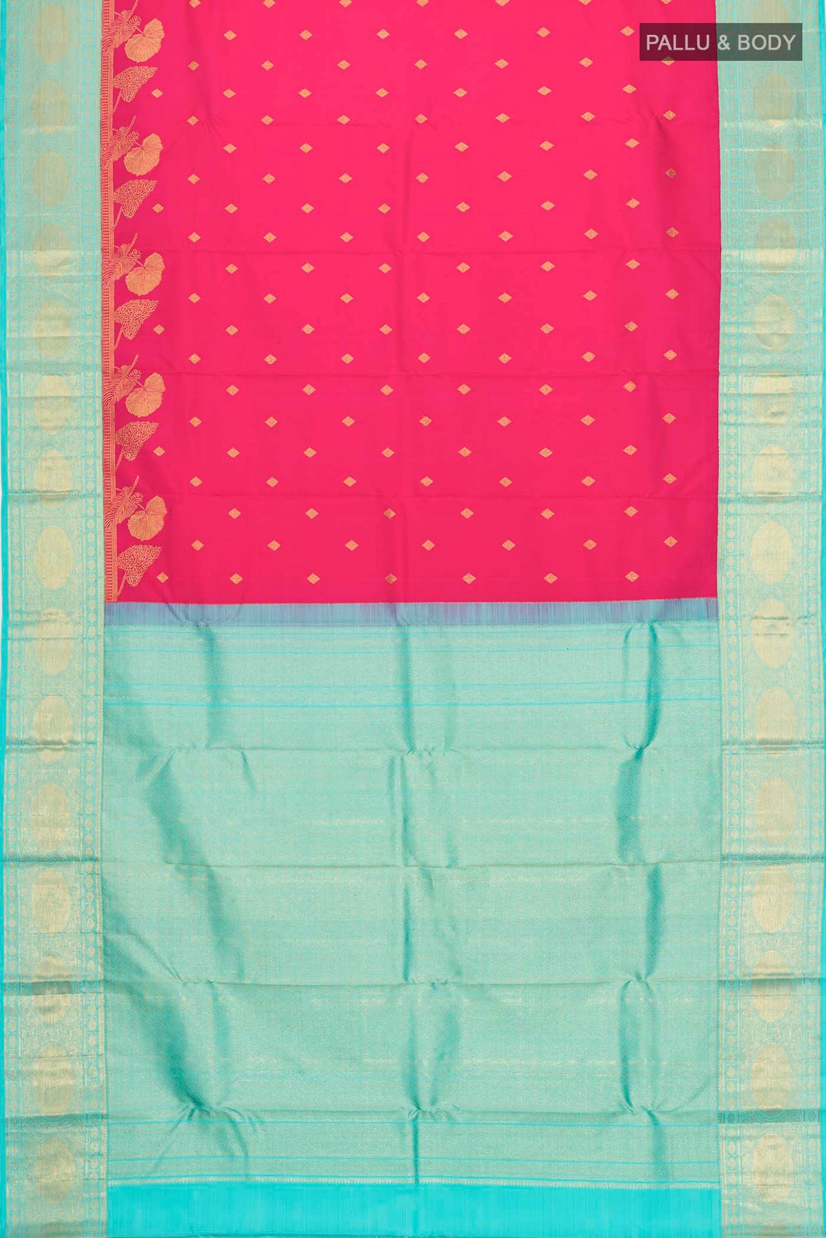 Flat view of Pink Kanchipuram Silk Saree with Zari Butta on the body and Zari Border