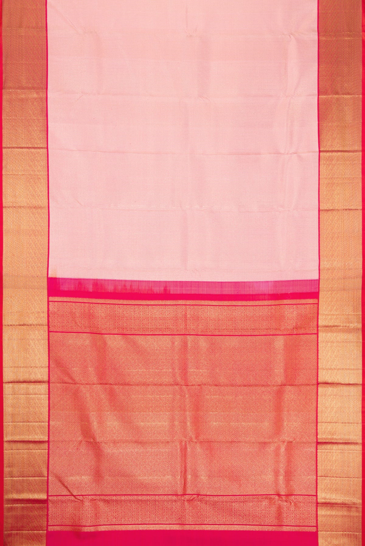 Flat view of Pink Dual Tone Kanchipuram Silk Saree with Zari Brocade on the body and Zari Border. 