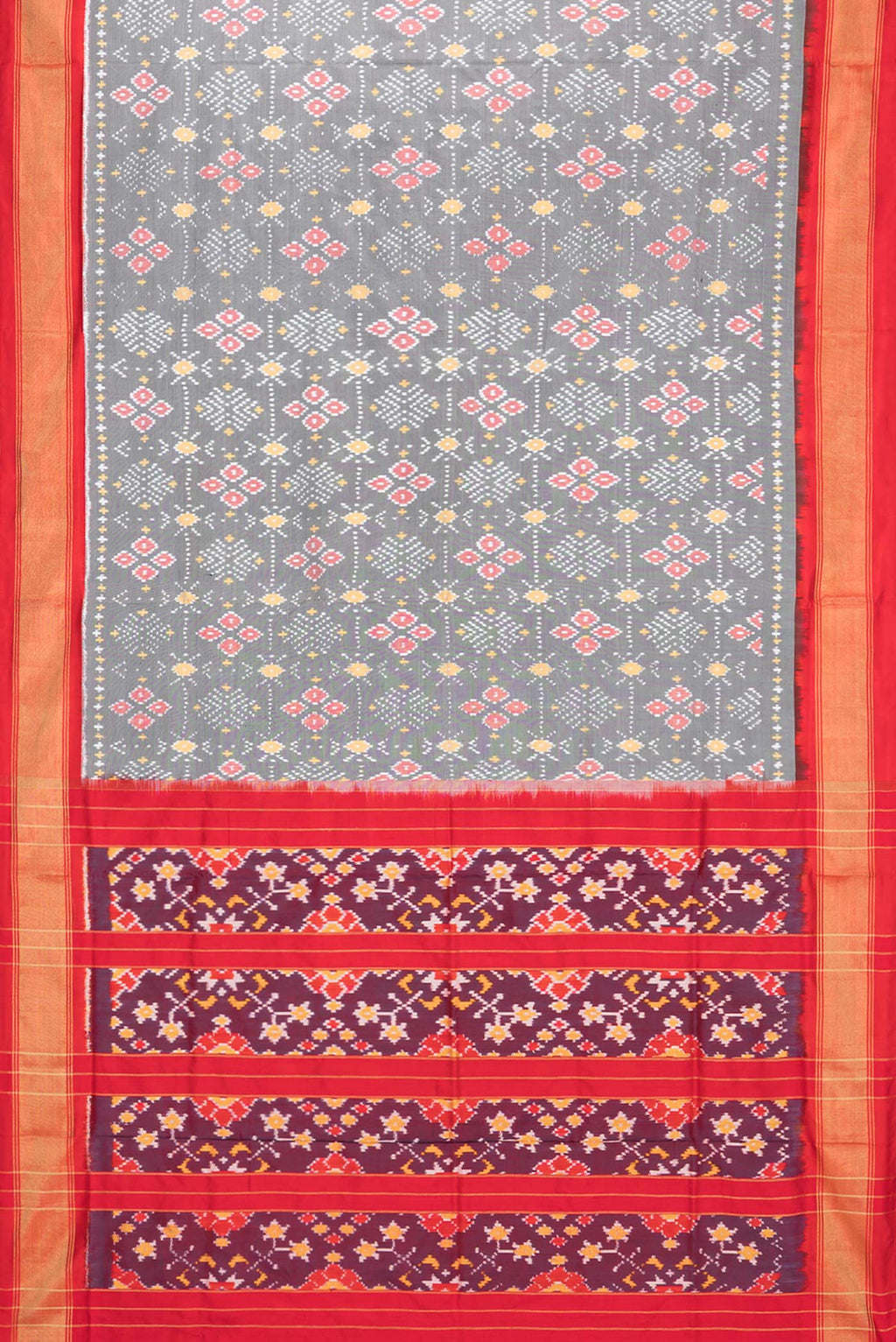 Flat view of Pure Silk Grey Pochampally Saree with Ikat design on the body and Zari Border. 