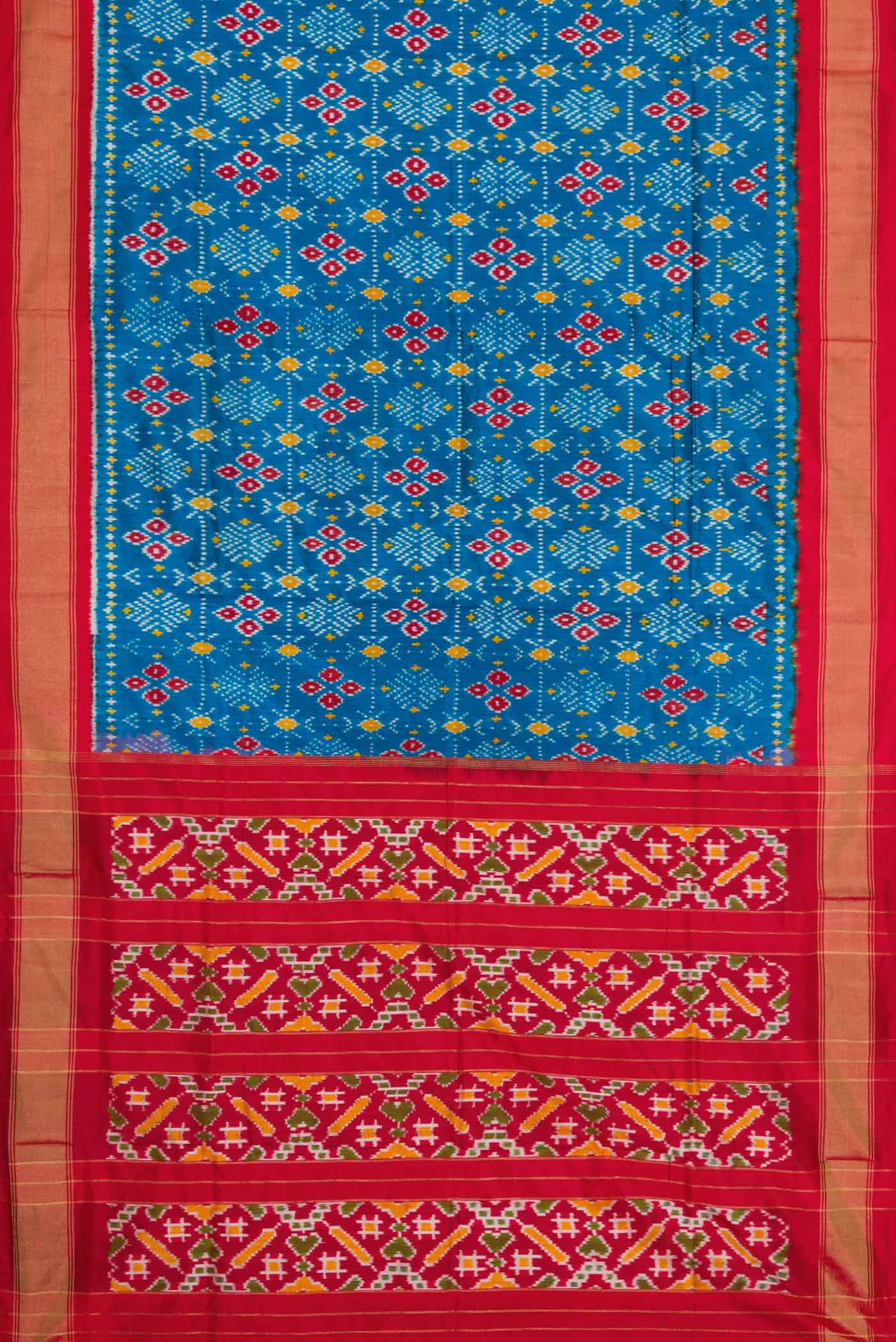 Flat view of Blue Pochampally Silk Saree with Pure Ikat on the body and Zari Border