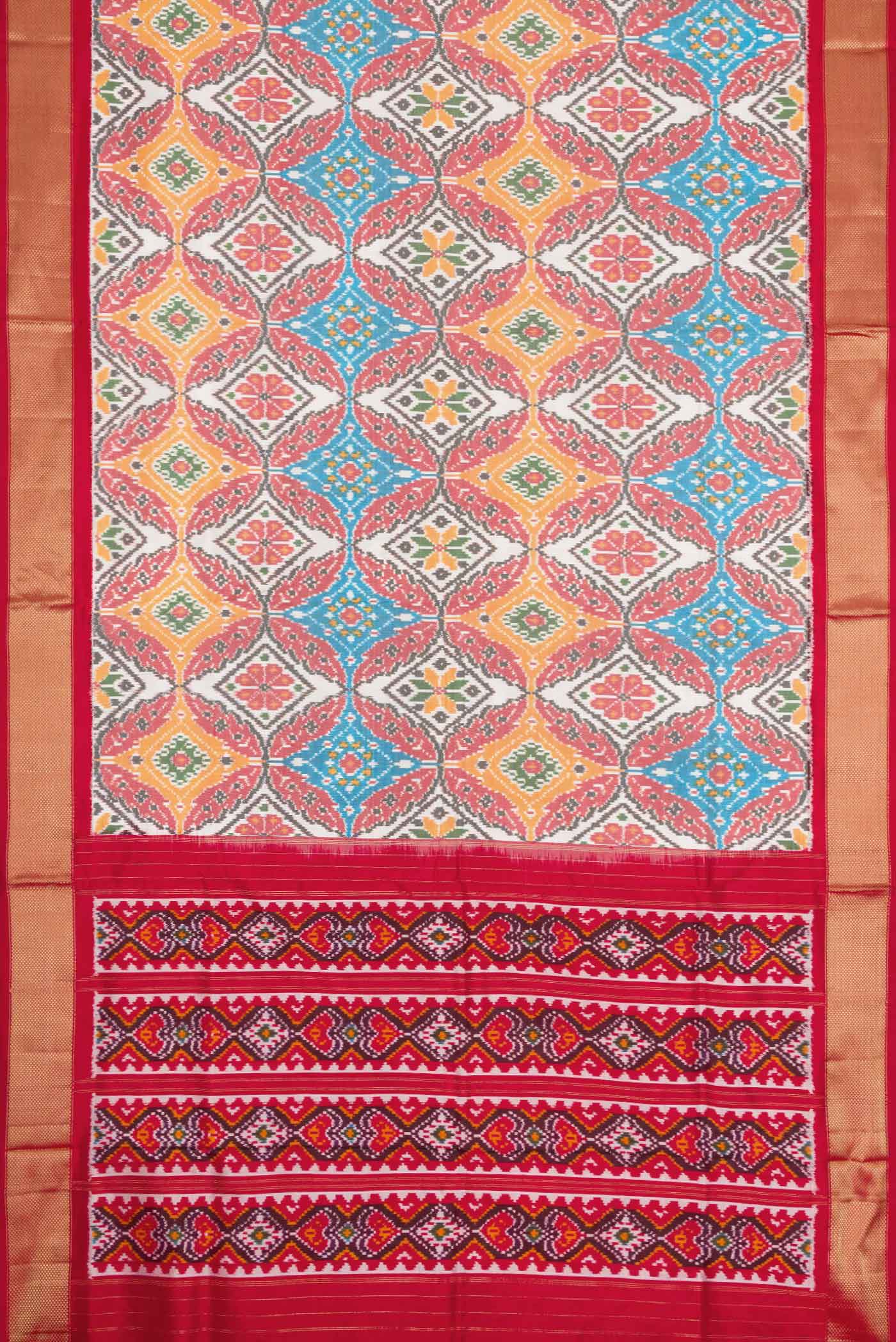 Flat view of Off White Pochampally Silk Saree with Pure Ikat on the body and Zari Border