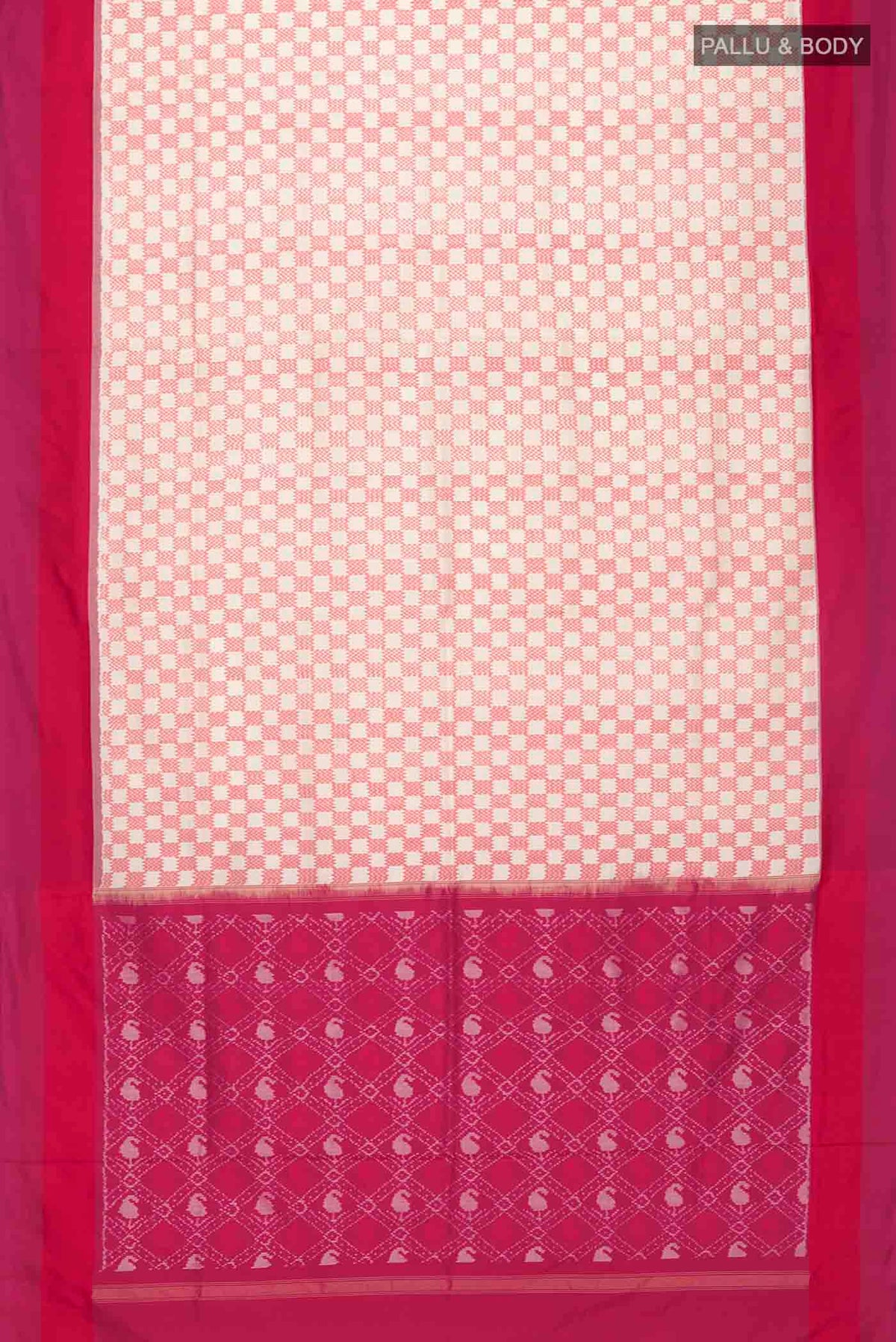 Flat view of Cream Pochampally Silk Saree with Pure Ikat on the body and Plain Border