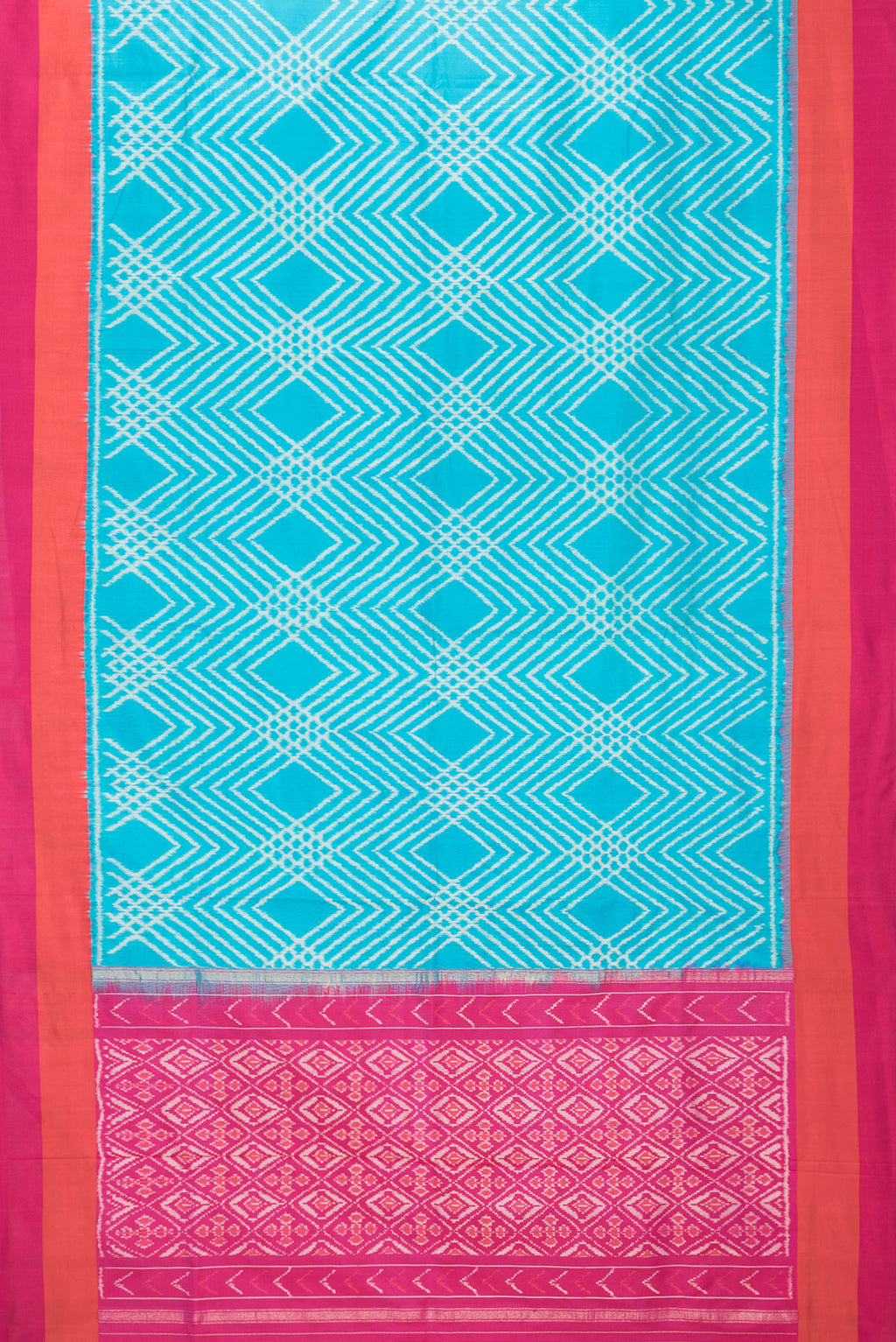 Flat view of Sky Blue Dual Tone Double Ikat Saree with Ikat Print on the body and Plain Border. 