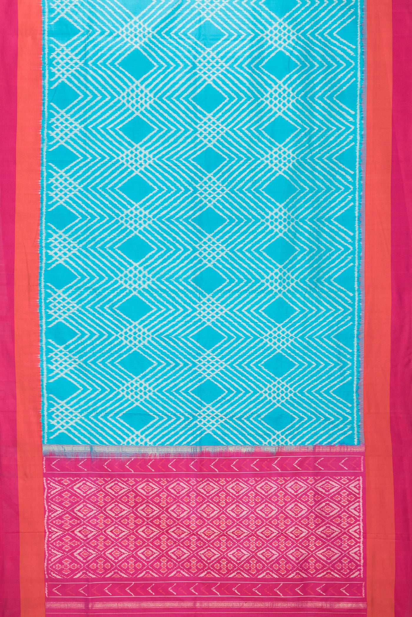Flat view of Sky Blue Dual Tone Double Ikat Saree with Ikat Print on the body and Plain Border. 