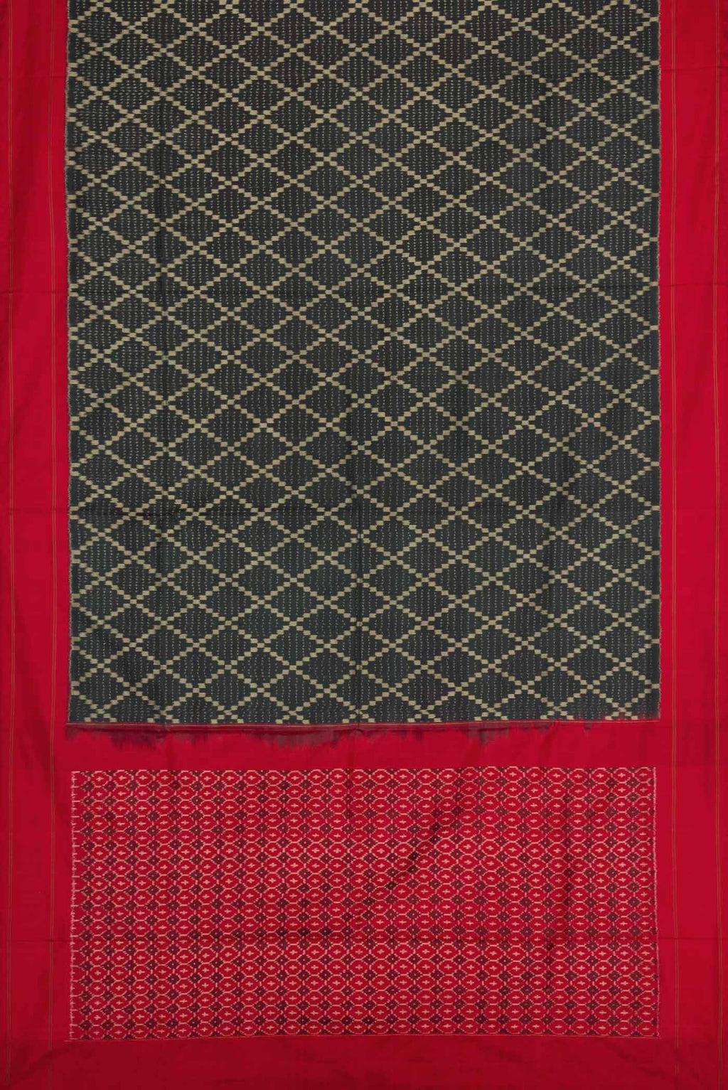 Flat view of Black Pochampally Silk Saree with Pure Ikat on the body and Plain Border
