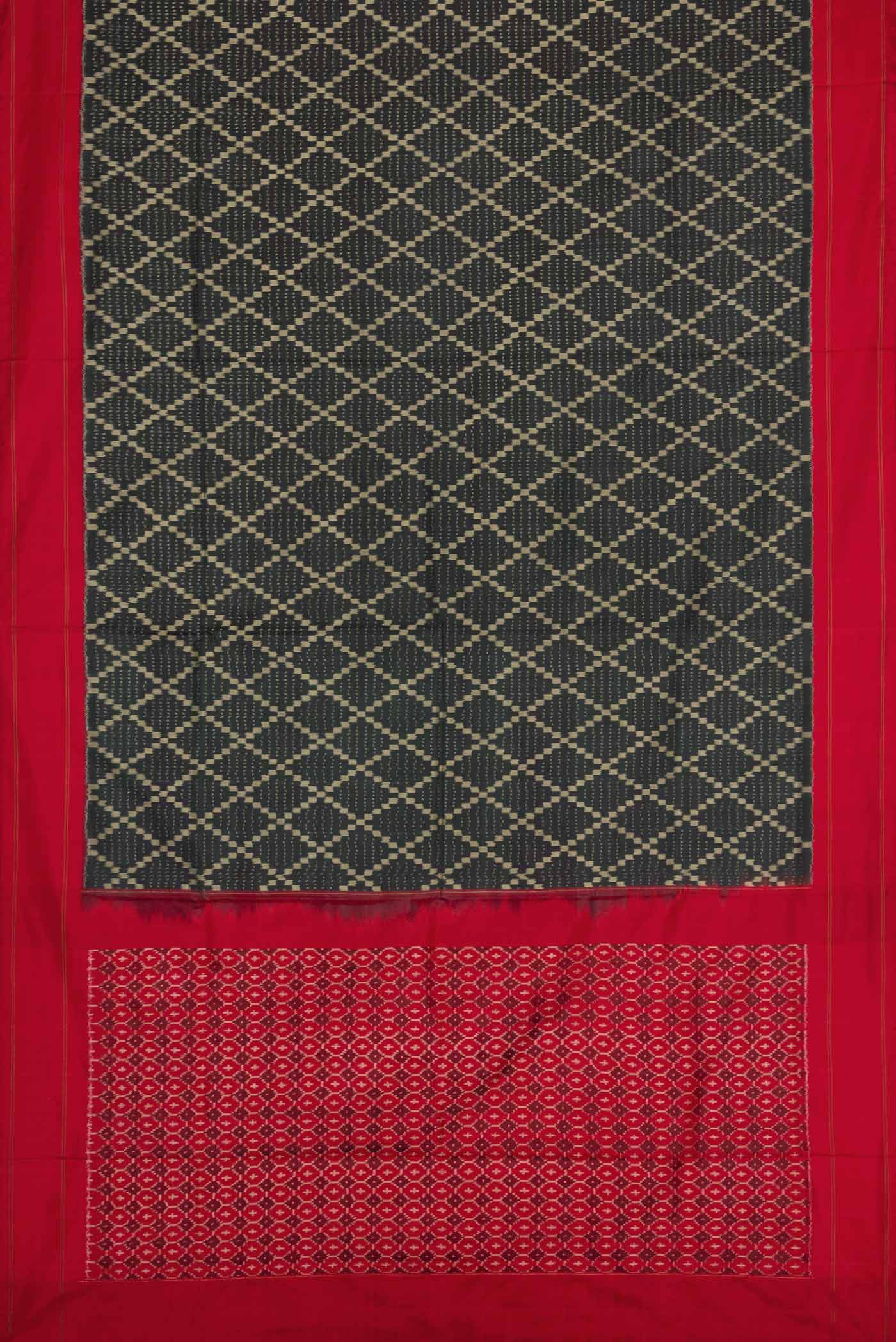 Flat view of Black Pochampally Silk Saree with Pure Ikat on the body and Plain Border