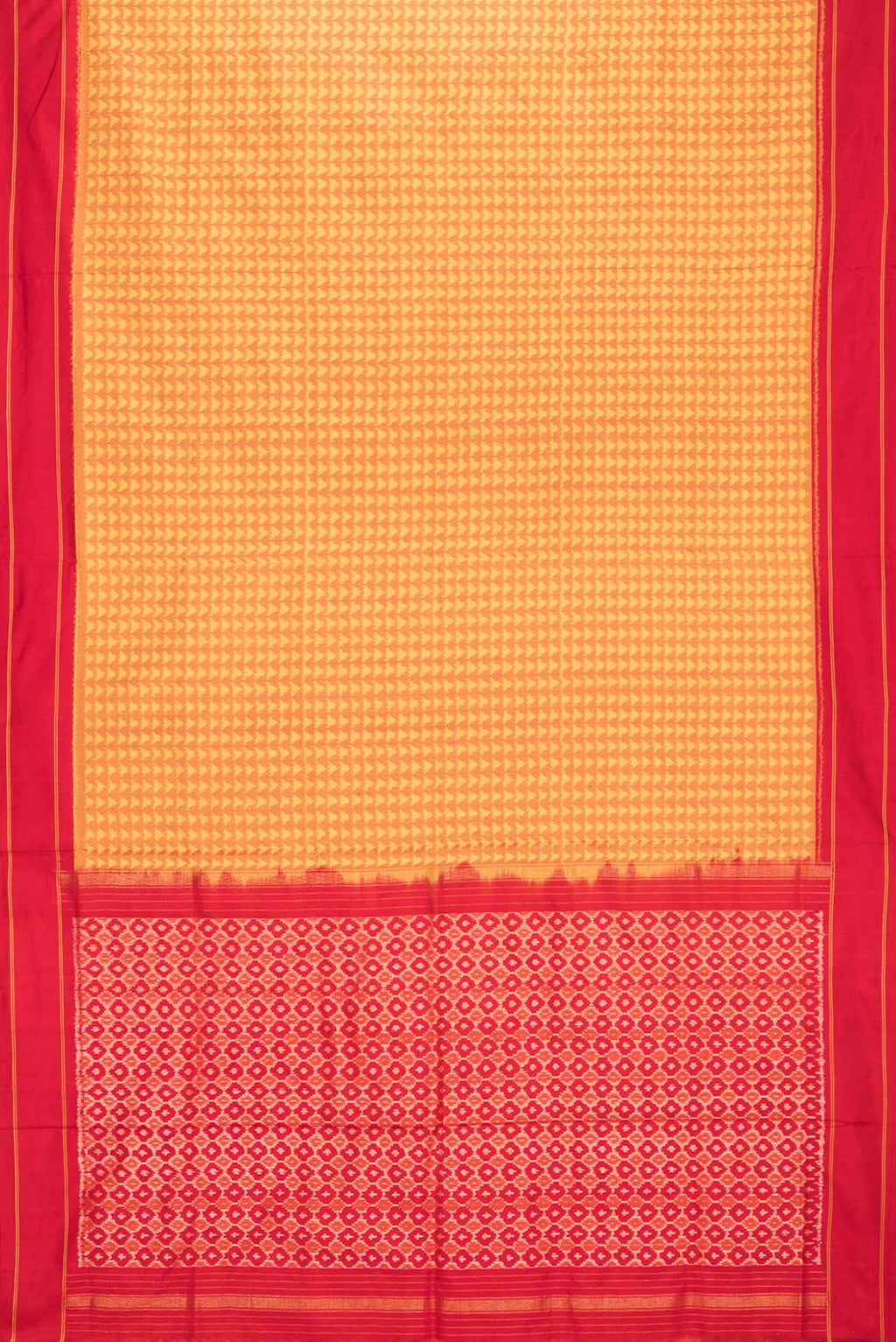 Flat view of Pure Silk Mustard Pochampally Saree with Pure Ikat on the body and Plain Border. 