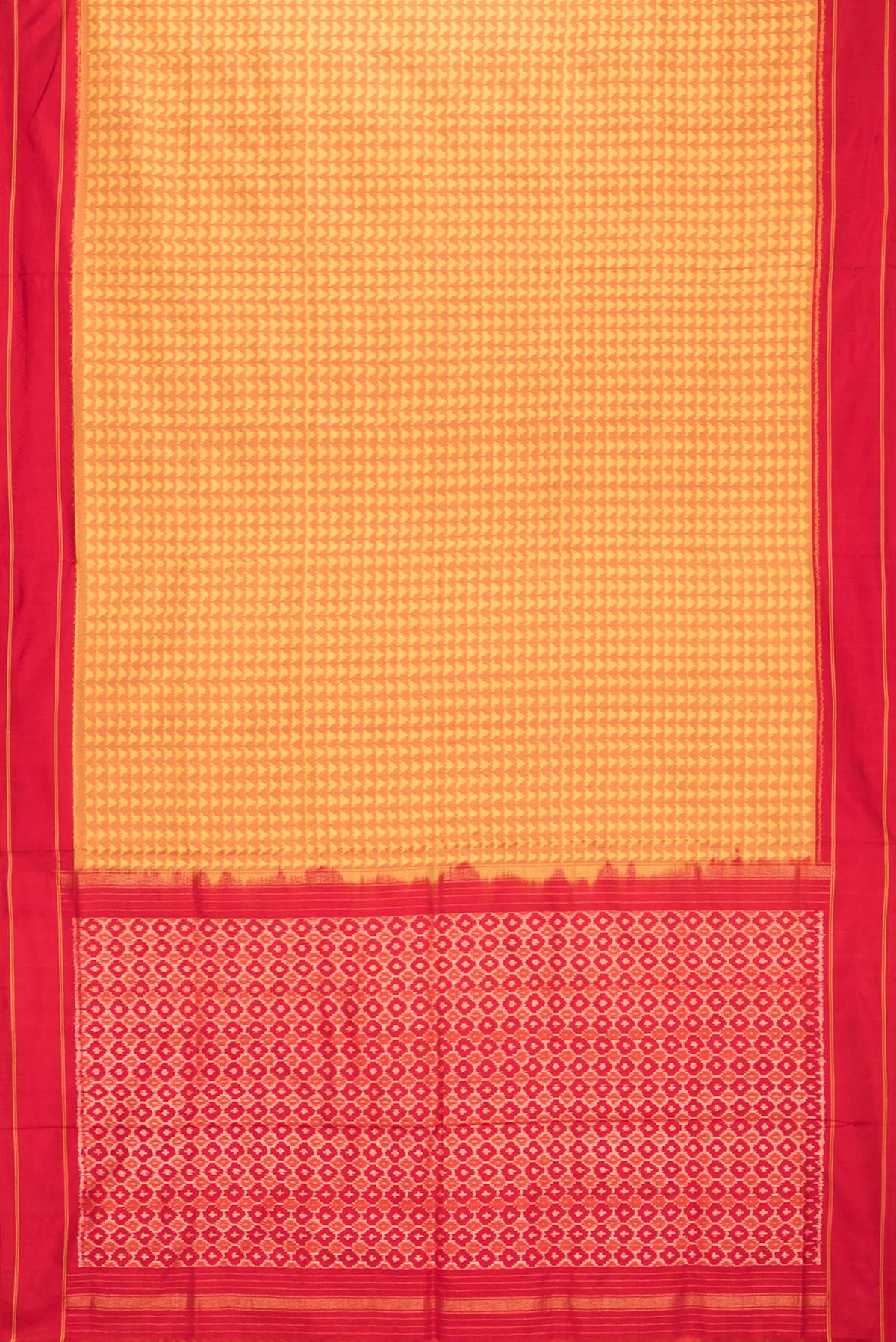 Flat view of Pure Silk Mustard Pochampally Saree with Pure Ikat on the body and Plain Border. 