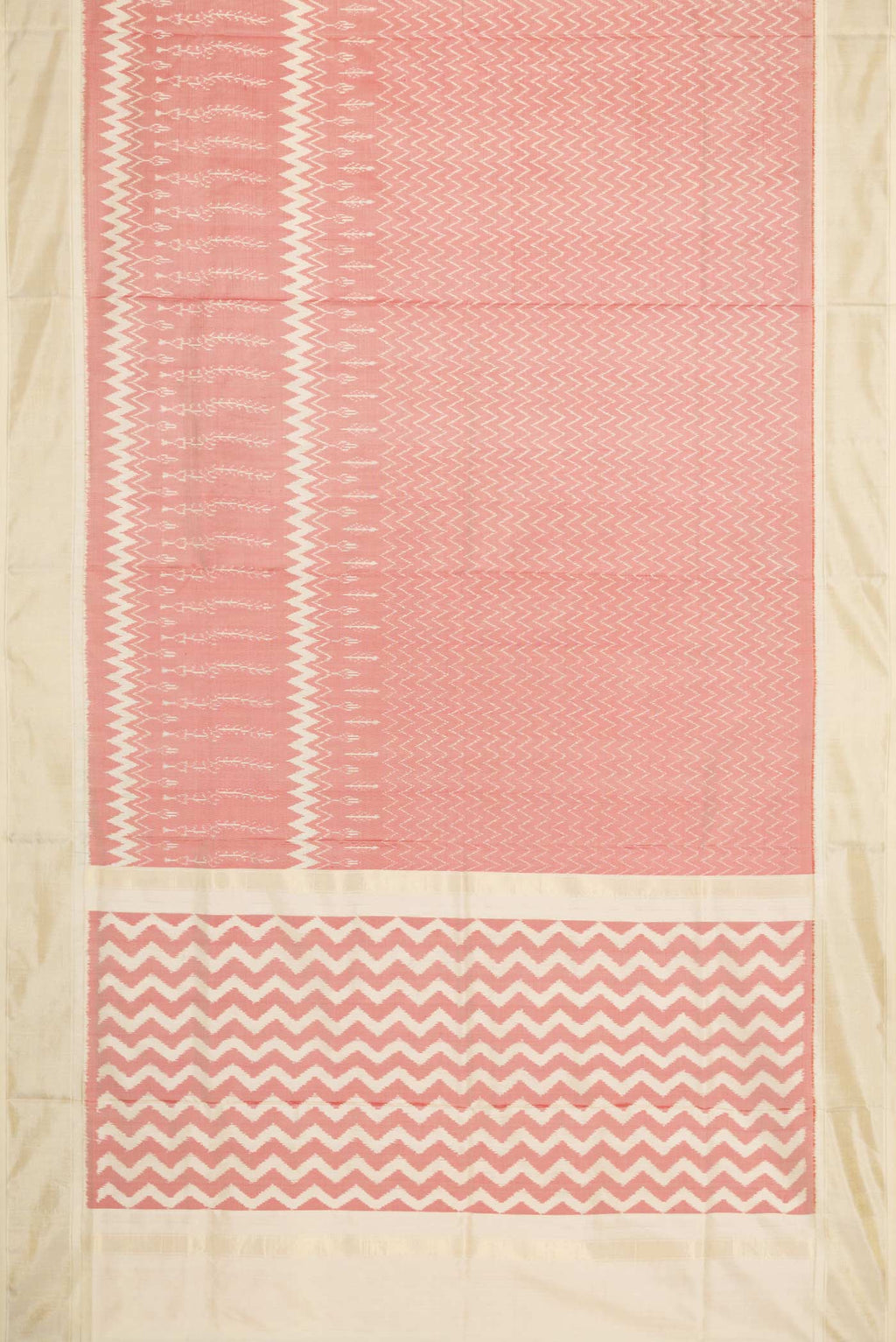 Flat view of Coral Pochampally Silk Saree with Pure Ikat on the body and Zari Border