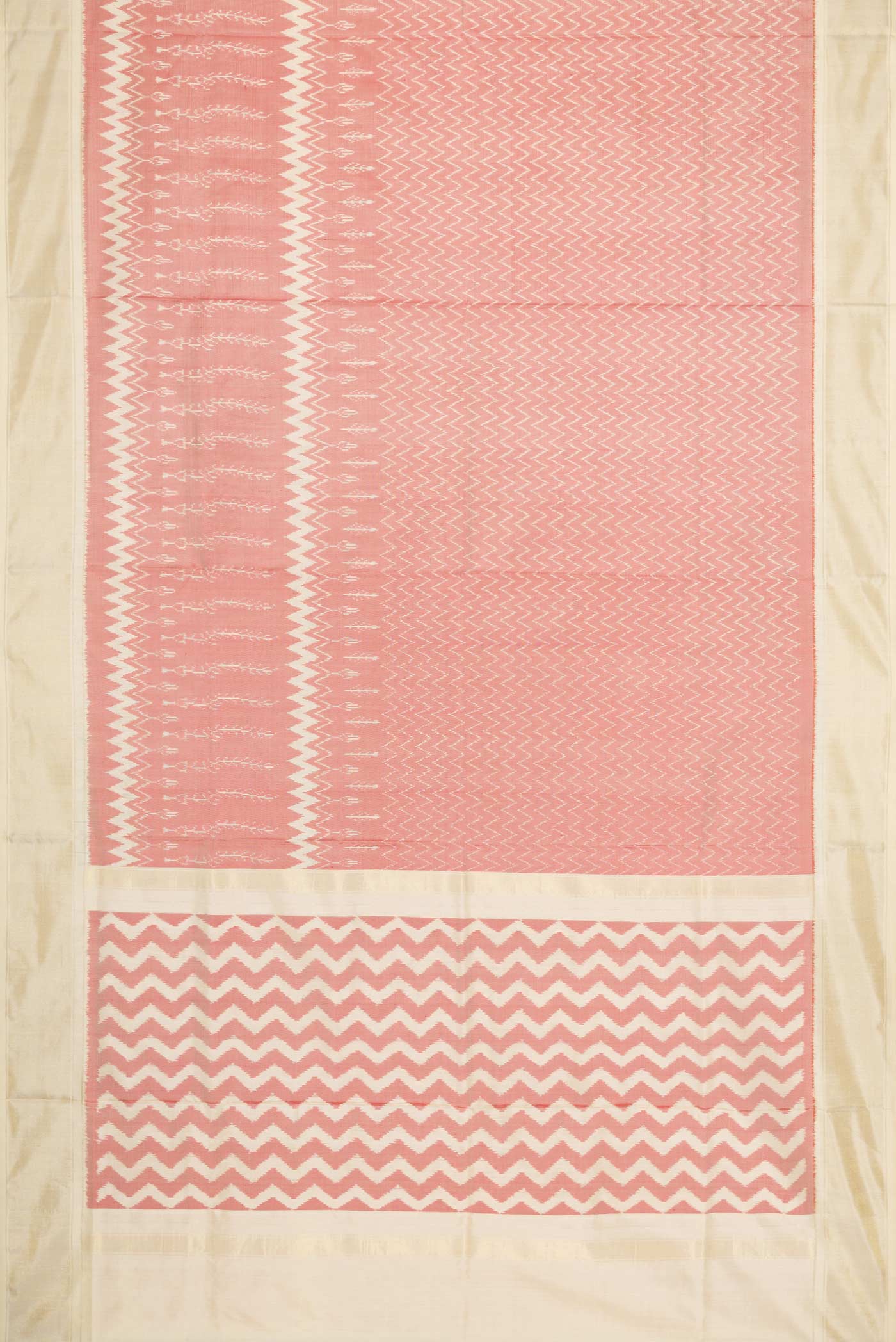 Flat view of Coral Pochampally Silk Saree with Pure Ikat on the body and Zari Border